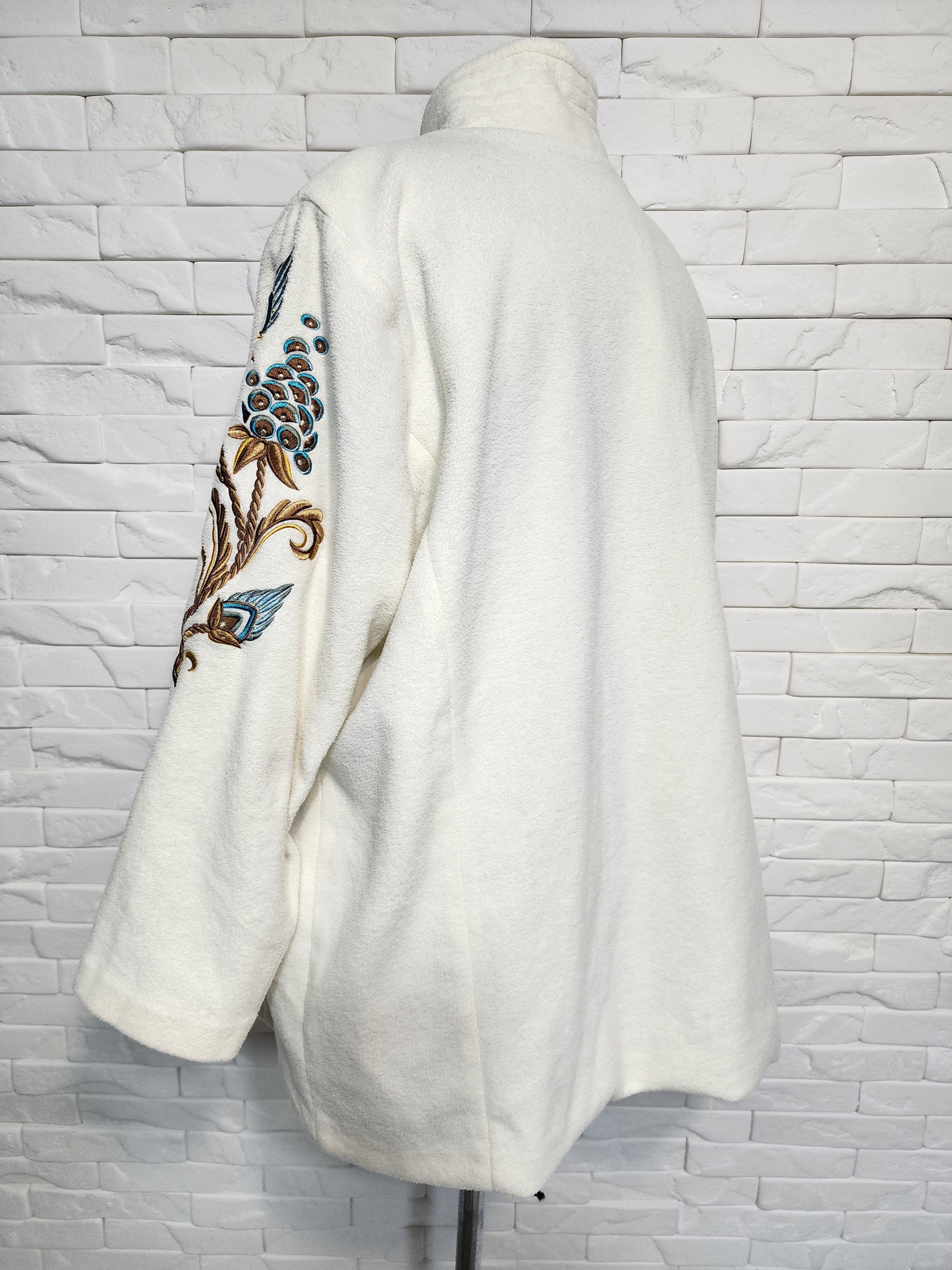 Designer Women's White Fleece Jacket. Colorful Embroidery. Size XXL / US 16-18 / IT 52-54 - 6 Thumbnail