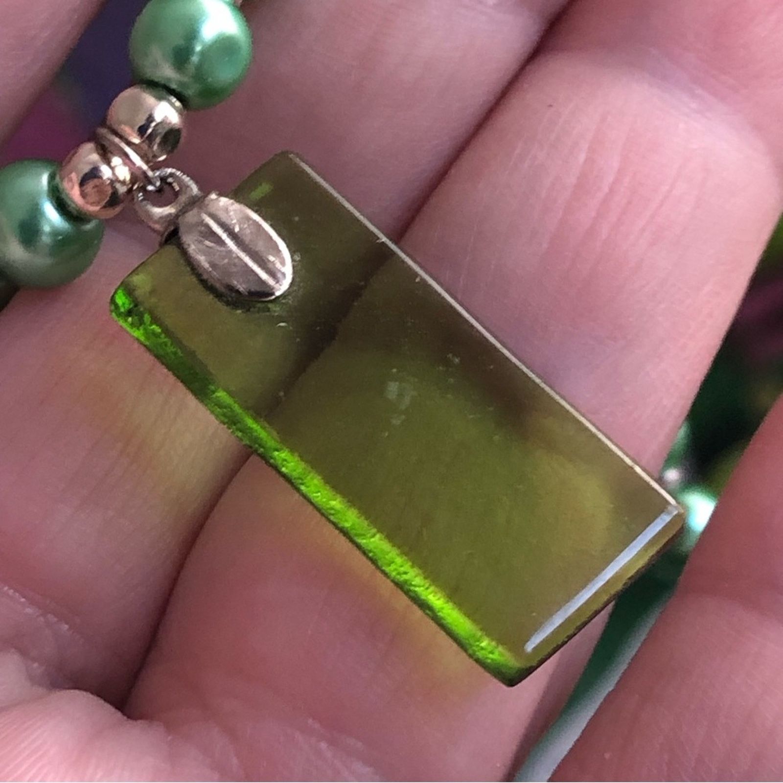 Handmade Handcrafted repurpose green glass pendant Pearl necklace Size ONE SIZE - 9 Thumbnail