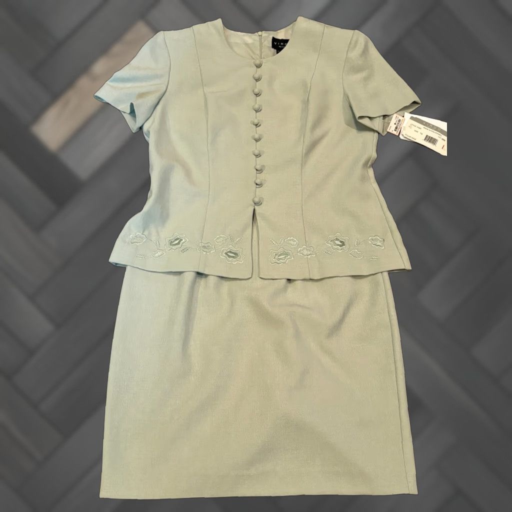 Vintage VIRGO Dress Womens 10P Jacketed Sage Green Petite Button Front Formal Dress, Jacket Style, 3/4? Size L / US 10 / IT 46 - 1 Thumbnail