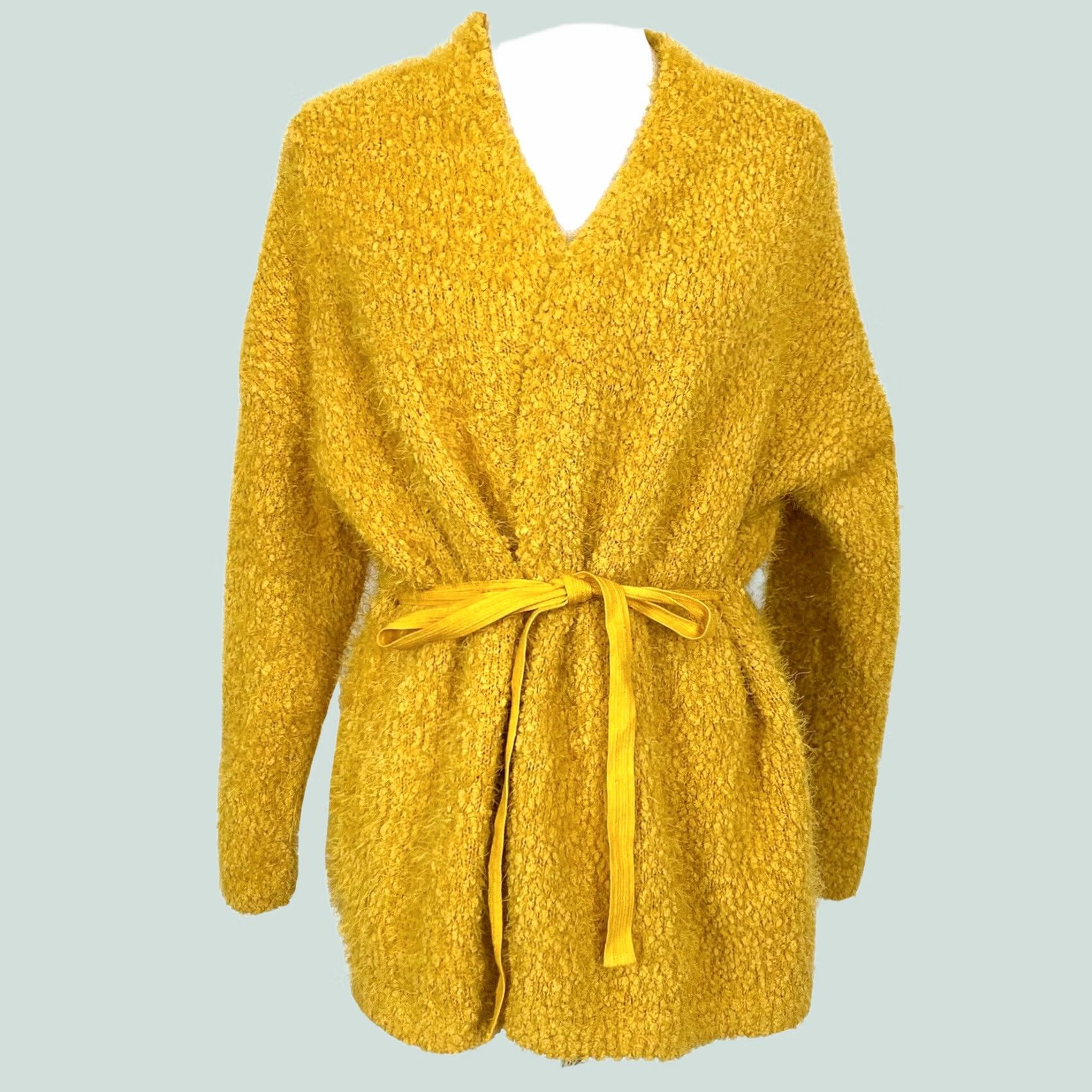 Vintage CURRENT AIR Cardigan Sweater Belted Knitted Textured Yellow Boho L Womens Size L / US 10 / IT 46 - 1 Thumbnail