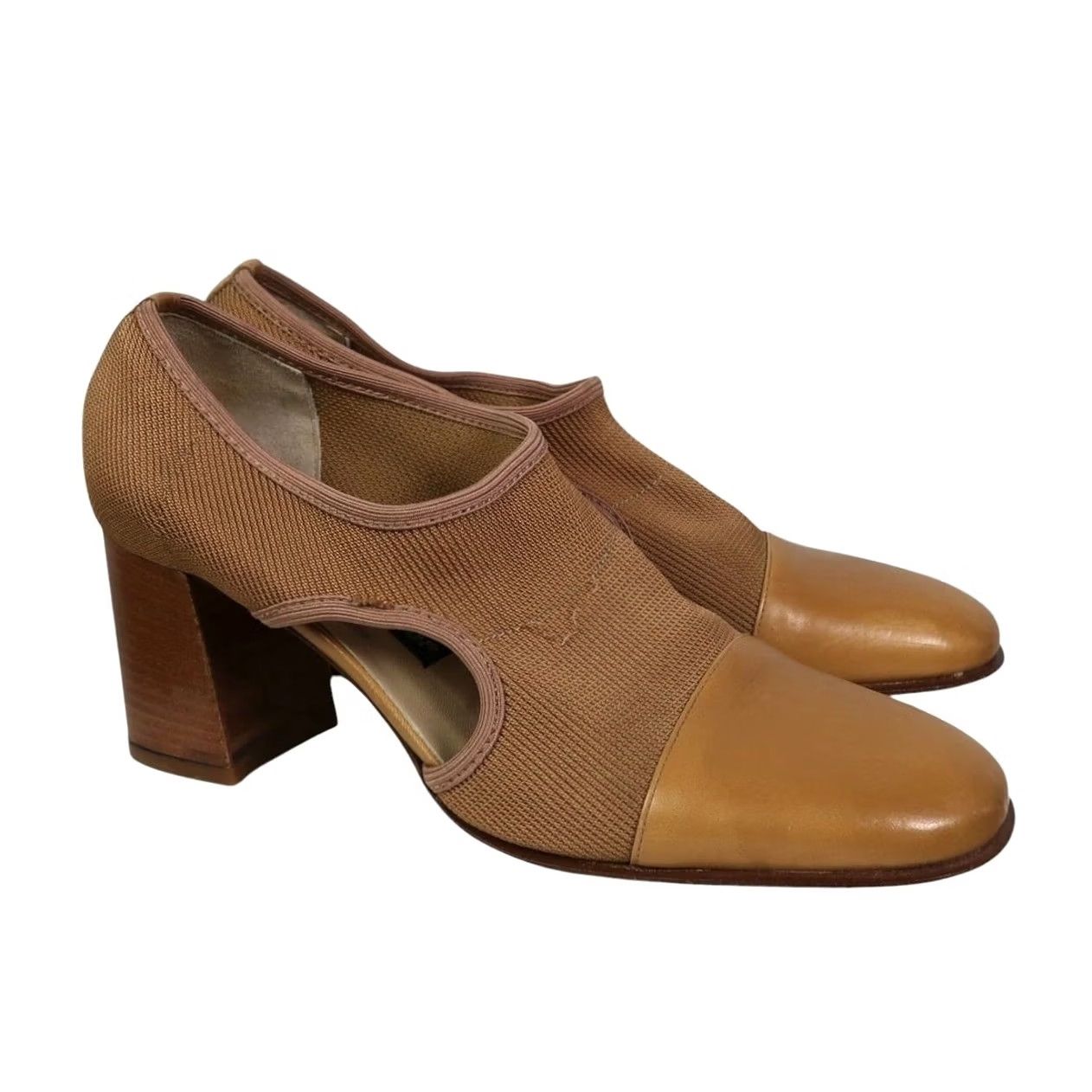 Vintage VINTAGE Larry Stuart Tan Leather and Fabric Cut-Out Heels 7.5 Pump Womens Square Toe 90s Size US 8 / IT 38 - 4 Thumbnail