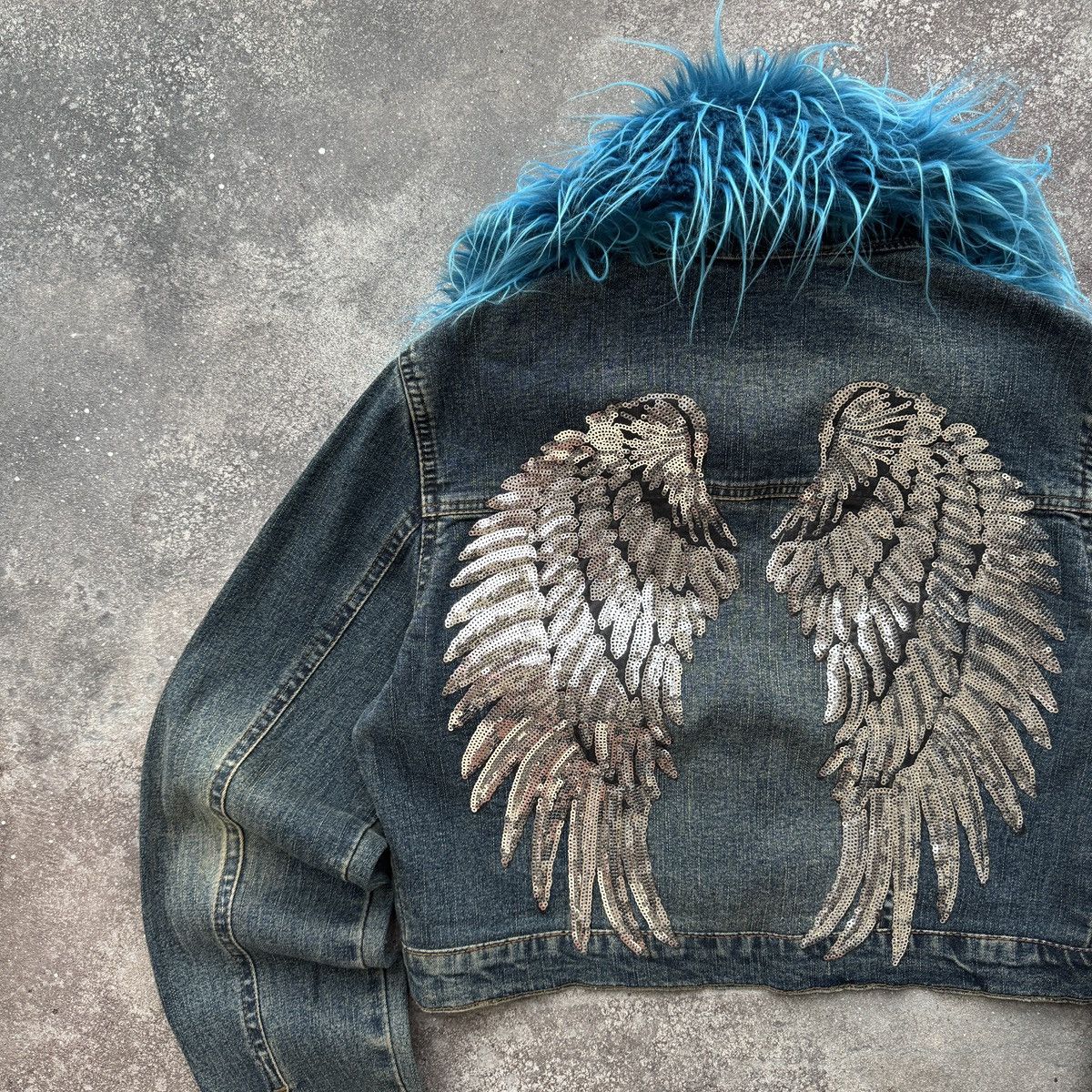 If Six Was Nine Angel Wings Y2K Gothic Vintage Washed Denim Cropped Jacket Size S / US 4 / IT 40 - 4 Thumbnail