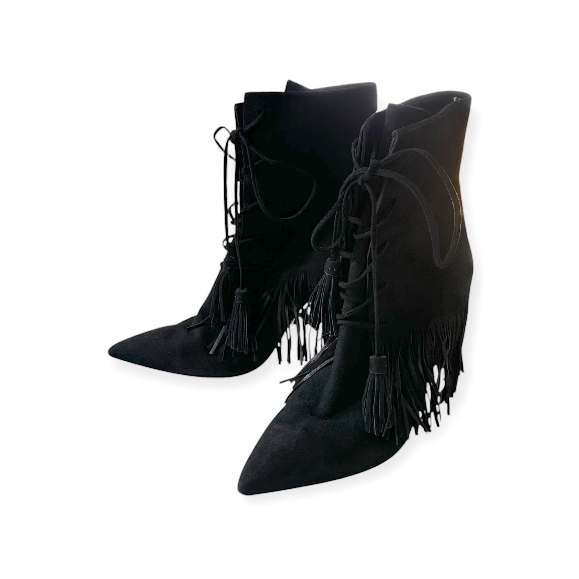 Aquazzura AQUAZZURA Mustang 105 Fringe Heeled Ankle Boots In Black Sue Size US 7 / IT 37 - 4 Thumbnail