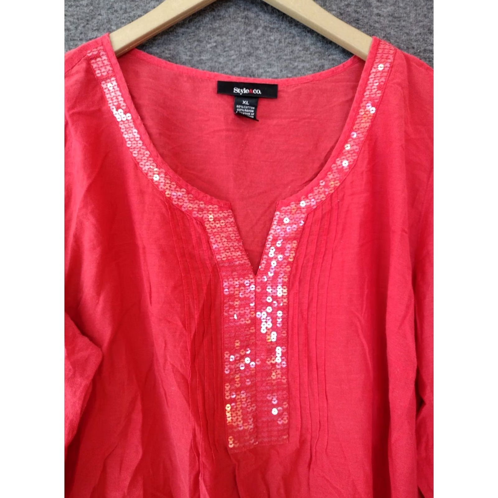 Style & Co Style & Co Blouse Women's Beaded V-Neck Red XL Shirt Raglan Sleeve Tunic Bohemian Casual, Sisters Womens, Red Beaded V-Neck Blouse, XL Size XL / US 12-14 / IT 48-50 - 3 Thumbnail