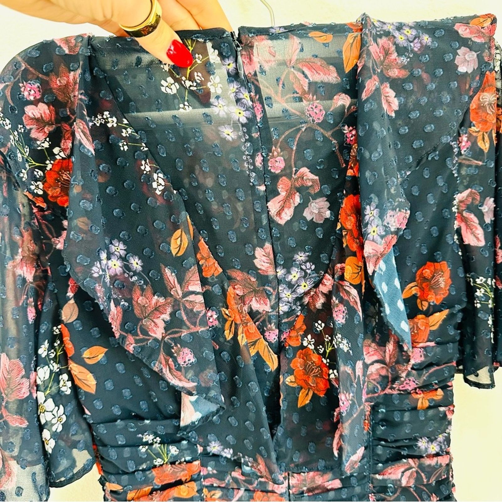 Nordstrom Keepsake Navy Blue Red White Floral Ruffle Ruche Midi Dress Size XS / US 0-2 / IT 36-38 - 12 Thumbnail