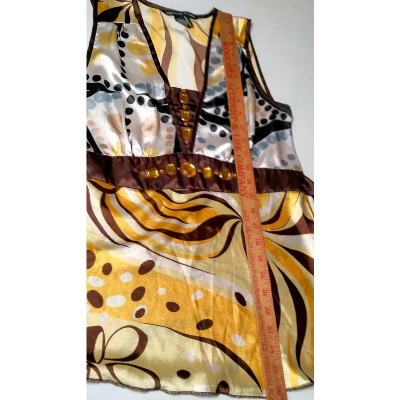 Vintage VINTAGE Antilia Femme Shirt Tank Sleeveless Satin Bling Yellow Brown Tie V-Neck M Women's Blouse Size M / US 6-8 / IT 42-44 - 5 Thumbnail