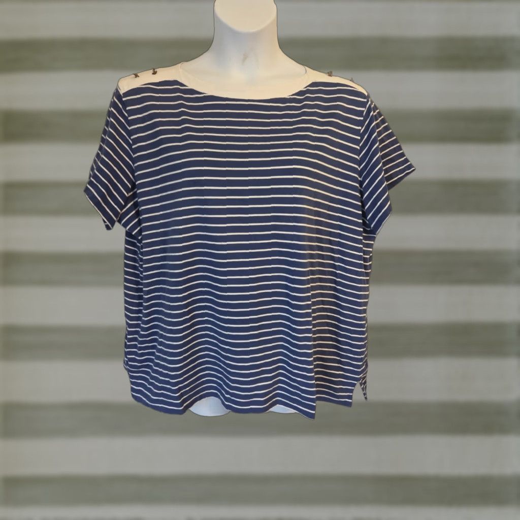 Vintage Chic CHIC Blue Nautical Stripe Short Sleeve Casual Top Shirt 3X Women Plus Size Round Neck Shirt Size XXL / US 16-18 / IT 52-54 - 1 Thumbnail