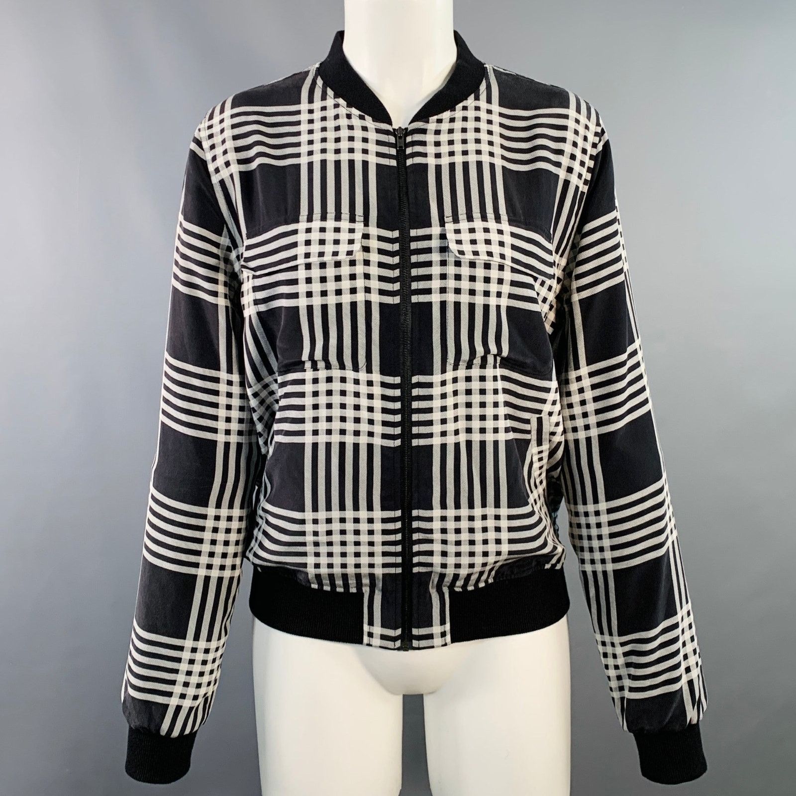 Equipment EQUIPMENT Size S Black White Silk Plaid Zip Up Bomber Jacket Size S / US 4 / IT 40 - 1 Thumbnail