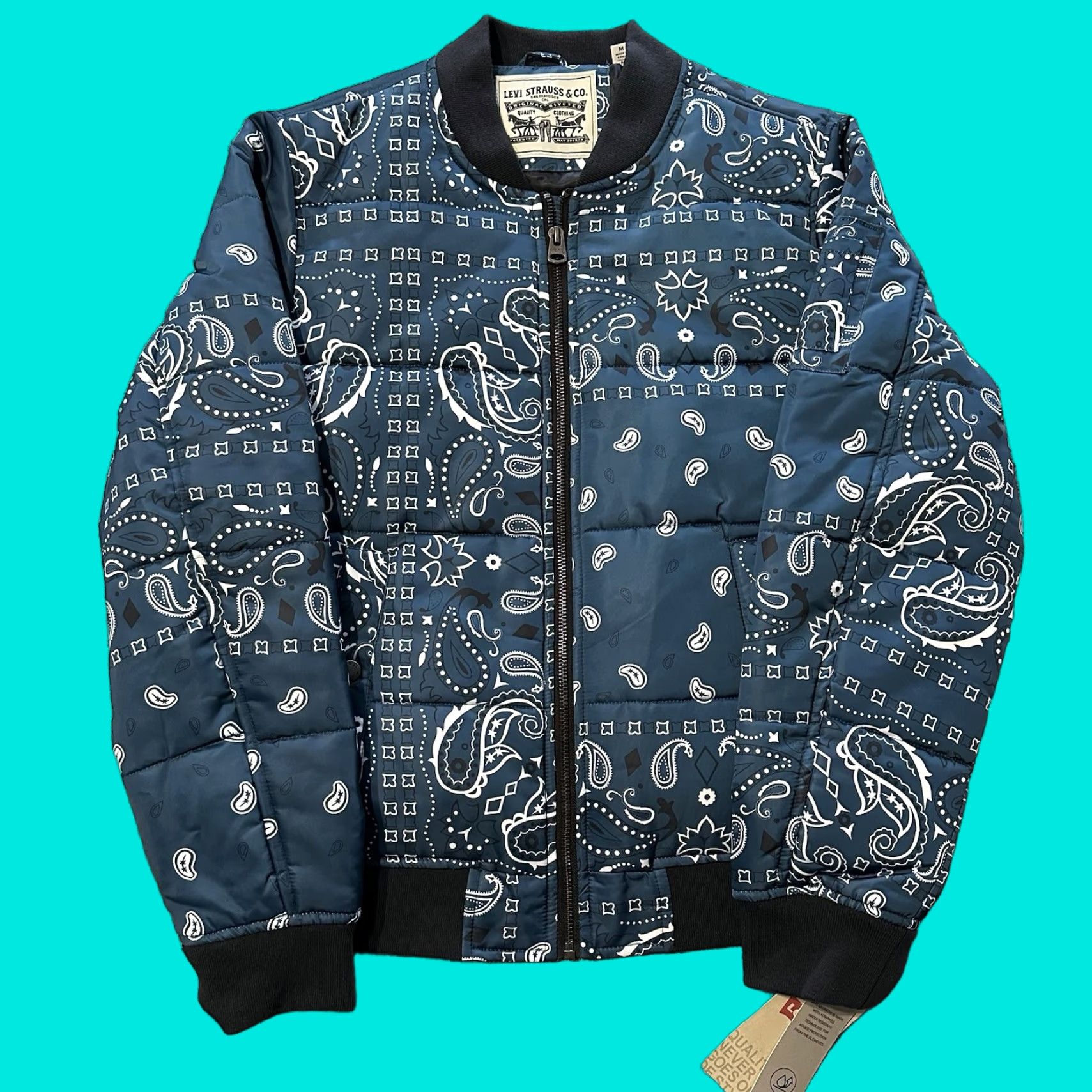 Levi's Levi's Bomber Jacket Mens M Quilted Puffer Blue Satin Bandana Paisley Jacket Size US M / EU 48-50 / 2 - 1 Thumbnail