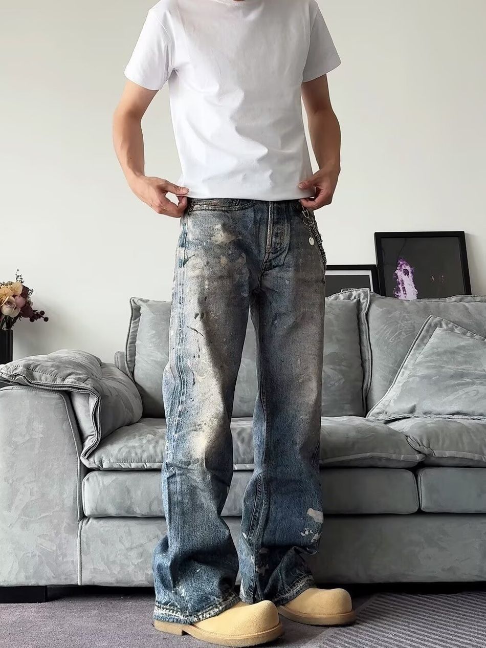 Japanese Brand Retro straight tube splashed ink printed jeans Size US 32 / EU 48 - 4 Thumbnail