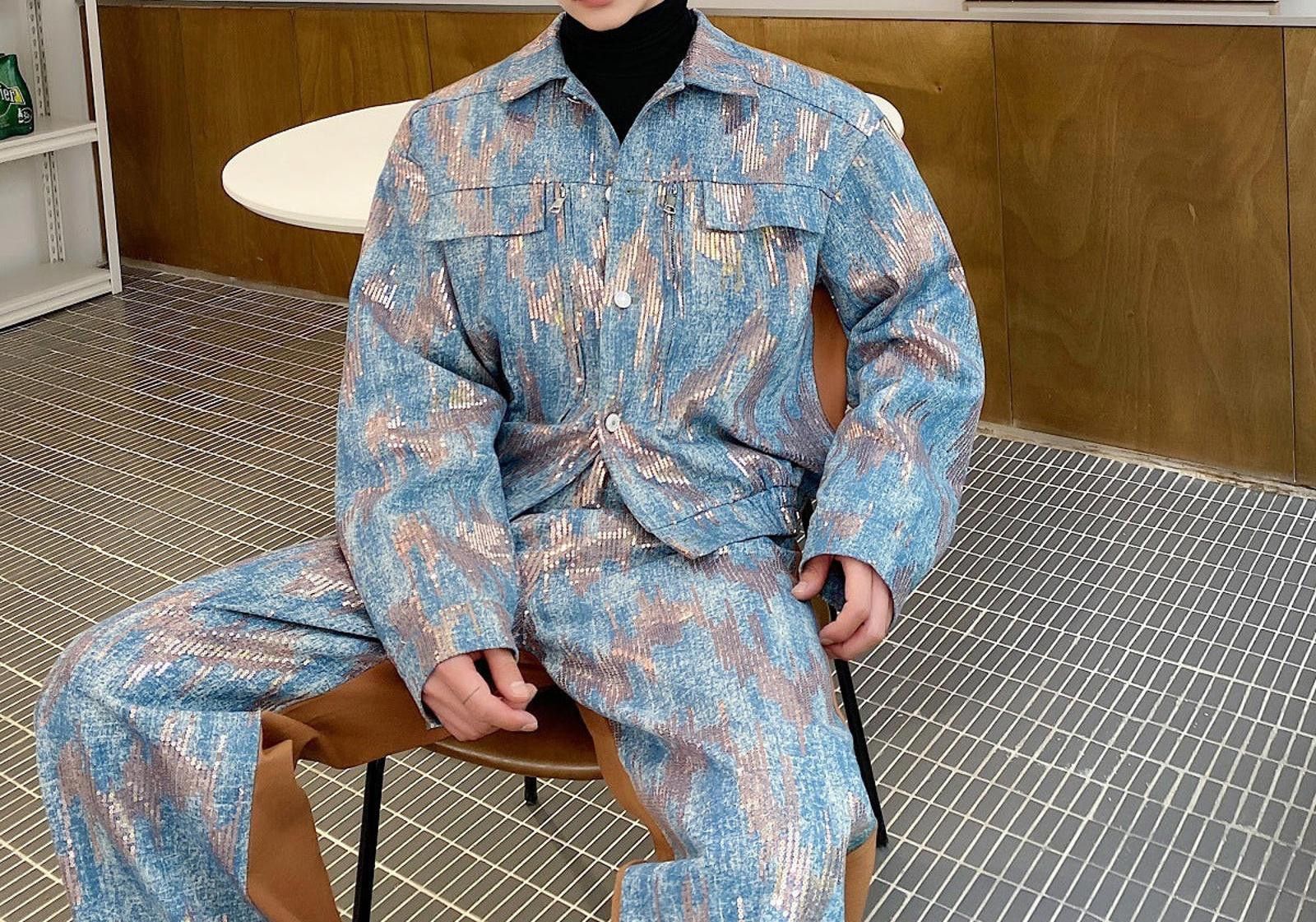 Japanese Brand Blue Patterned Wide Leg Denim Jacket and Pants Set Size US M / EU 48-50 / 2 - 4 Thumbnail