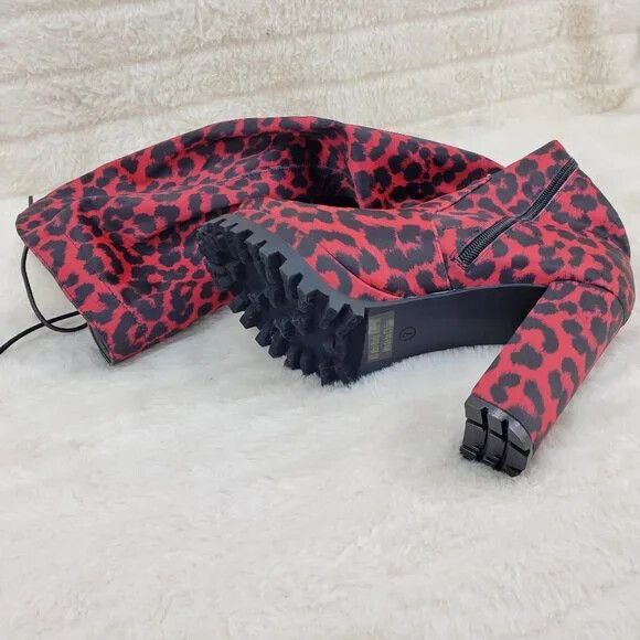 Other Fever Red Leopard Stretch Lace Up Back OTK Chunky Heel Boots Size US 7.5 / IT 37.5 - 7 Thumbnail