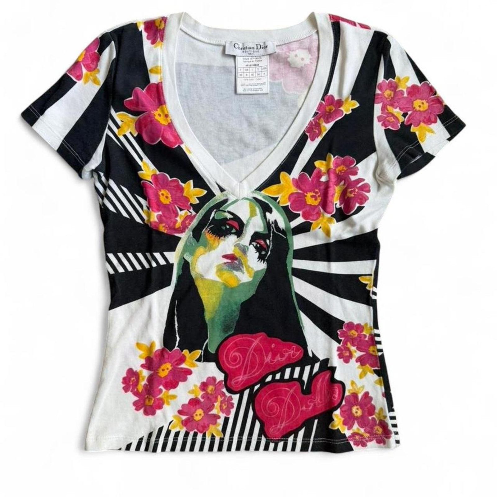 Dior Christian Dior SS2004 SDior Dolls" Floral Stripe V-Neck Tee Size S / US 4 / IT 40 - 1 Thumbnail