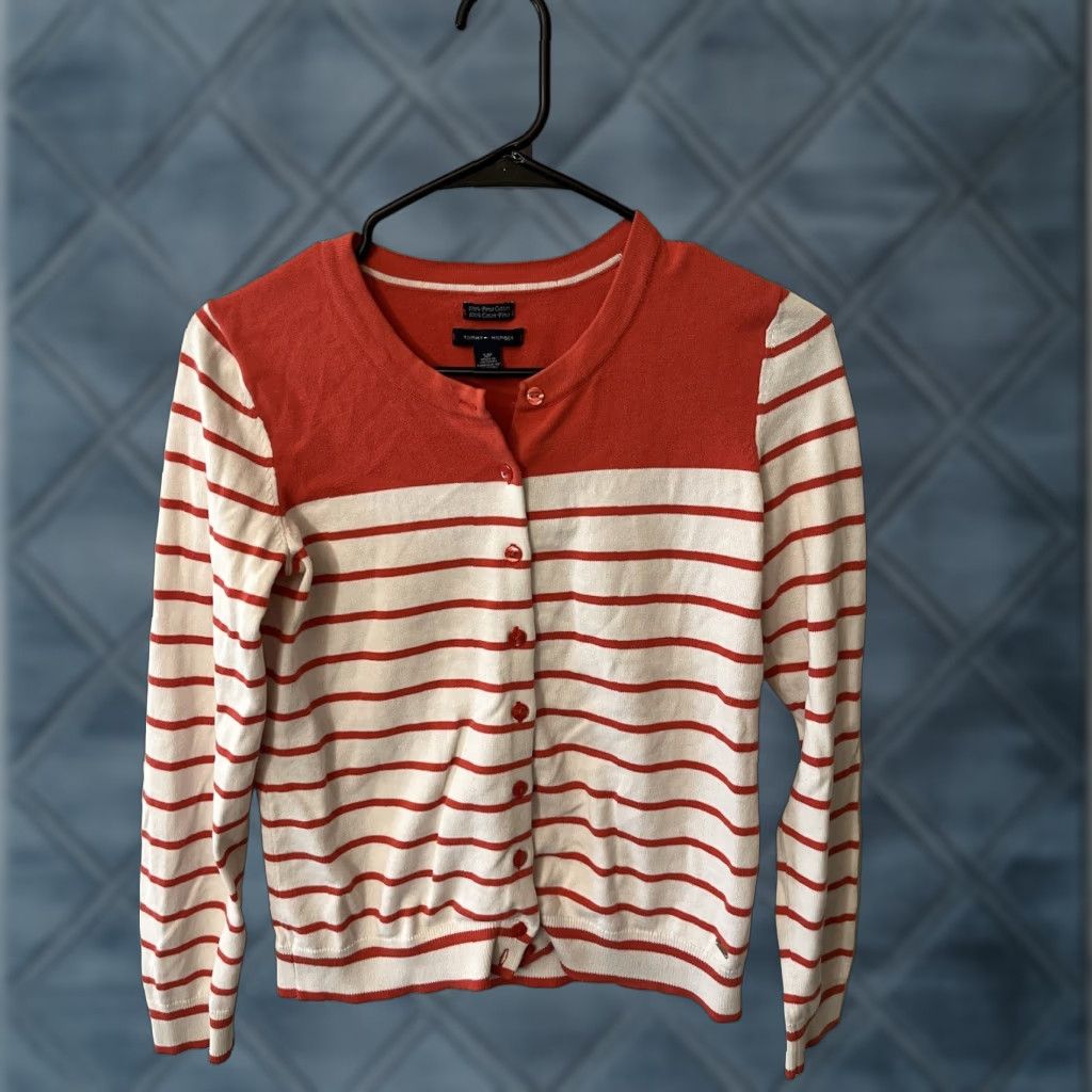 Tommy Hilfiger TOMMY HILFIGER 100% Pima Cotton Cardigan SWEATER Orange White Striped Small Wome Size S / US 4 / IT 40 - 1 Thumbnail