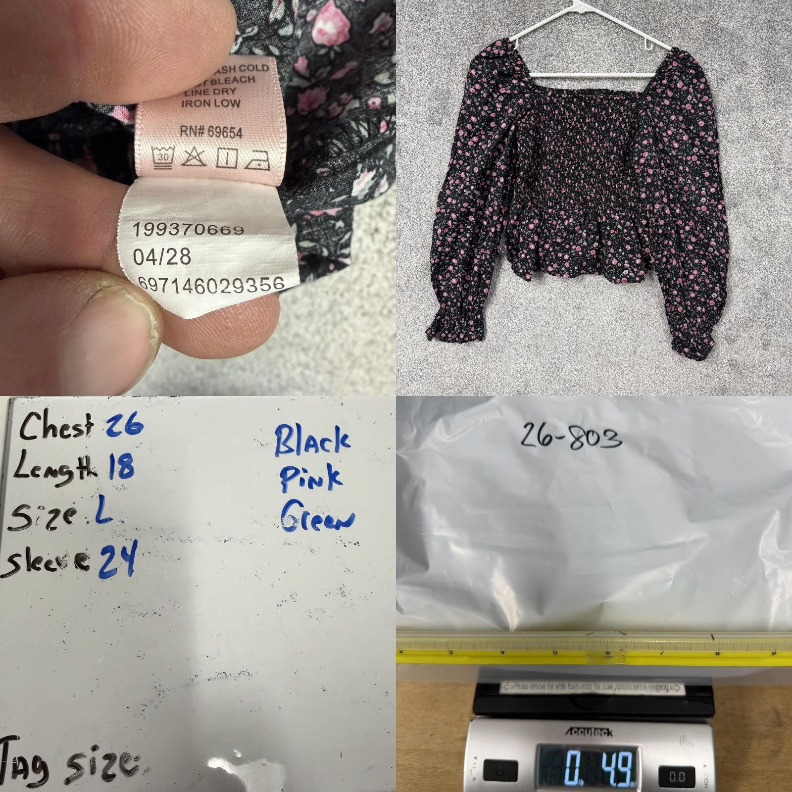 Vintage Dizzy Lizzy Blouse Shirt Large Floral Smocked Peplum Black Pink Boho Cottagecore Cropped Puff Sleeve Square Neck Womens L Shirt Size L / US 10 / IT 46 - 8 Thumbnail