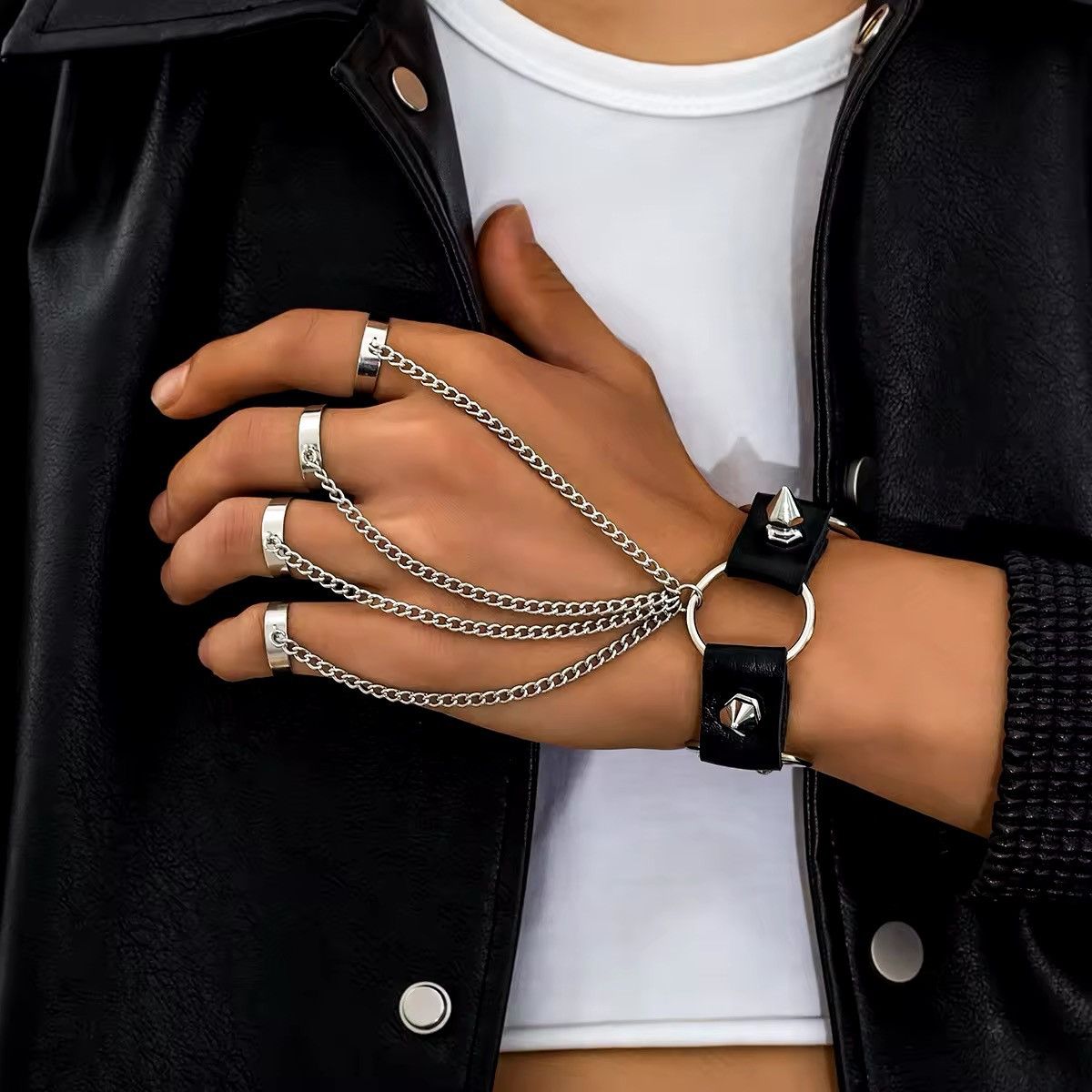 Jewelry Multi Gothic Rivet Black PU Leather Link Chain Size ONE SIZE - 3 Thumbnail