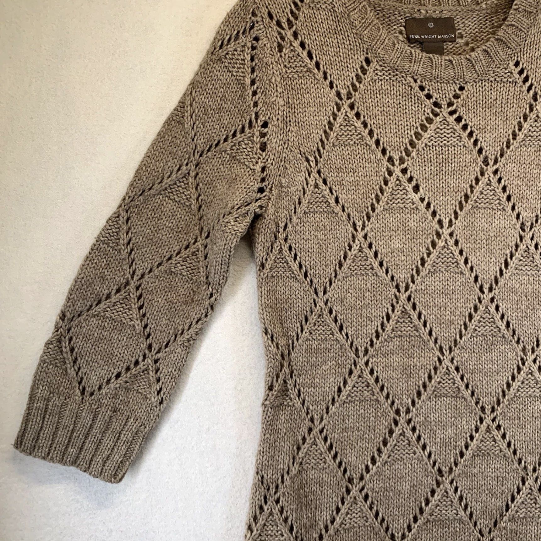 Vintage VINTAGE Fenn Wright Mason Women’s Sweater Dress Open-Knit Wool Acrylic Argyle Crew Neck Medium Beige Pullover Size M / US 6-8 / IT 42-44 - 3 Thumbnail
