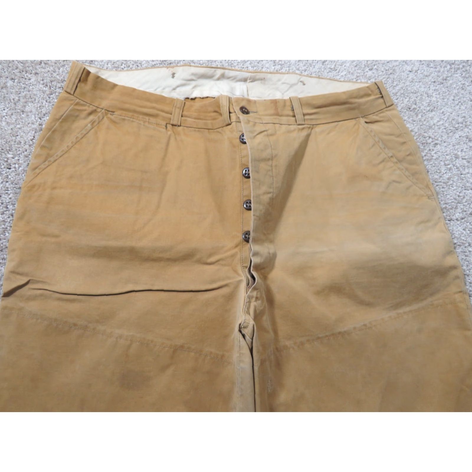 Vintage **VTG 1920S DUXBAK CANVAS HUNTING PANTS SIZE 34 BROWN BUTTON FLY** User: VTG 1920S DUXBAK CANVAS HUNTING PANTS SIZE 34 BROWN BUTTON FLY RAINPROOF Size US 34 / EU 50 - 4 Thumbnail