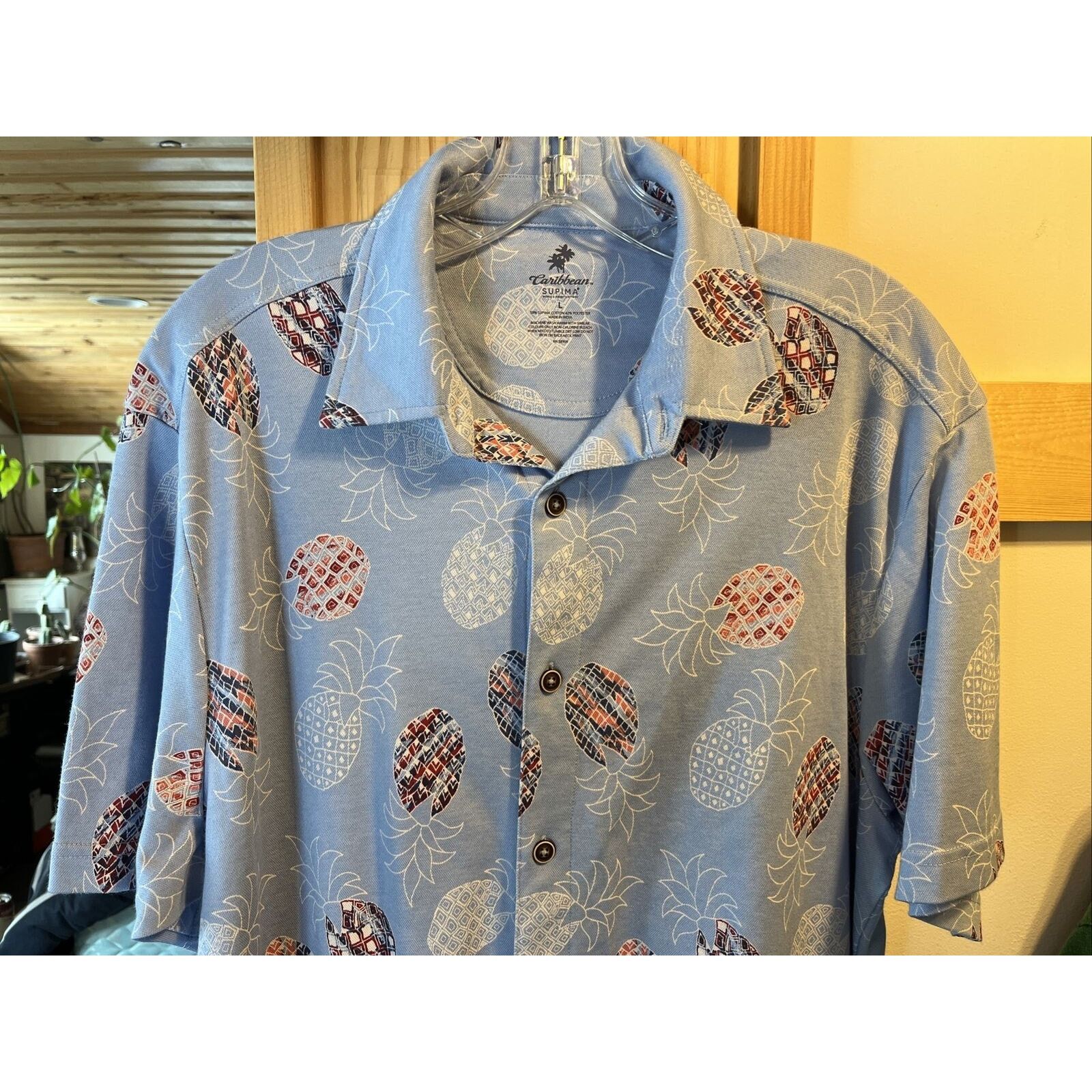 Caribbean Caribbean Men's L Blue Pineapple Button Cotton Blend Shirt Size US L / EU 52-54 / 3 - 4 Thumbnail