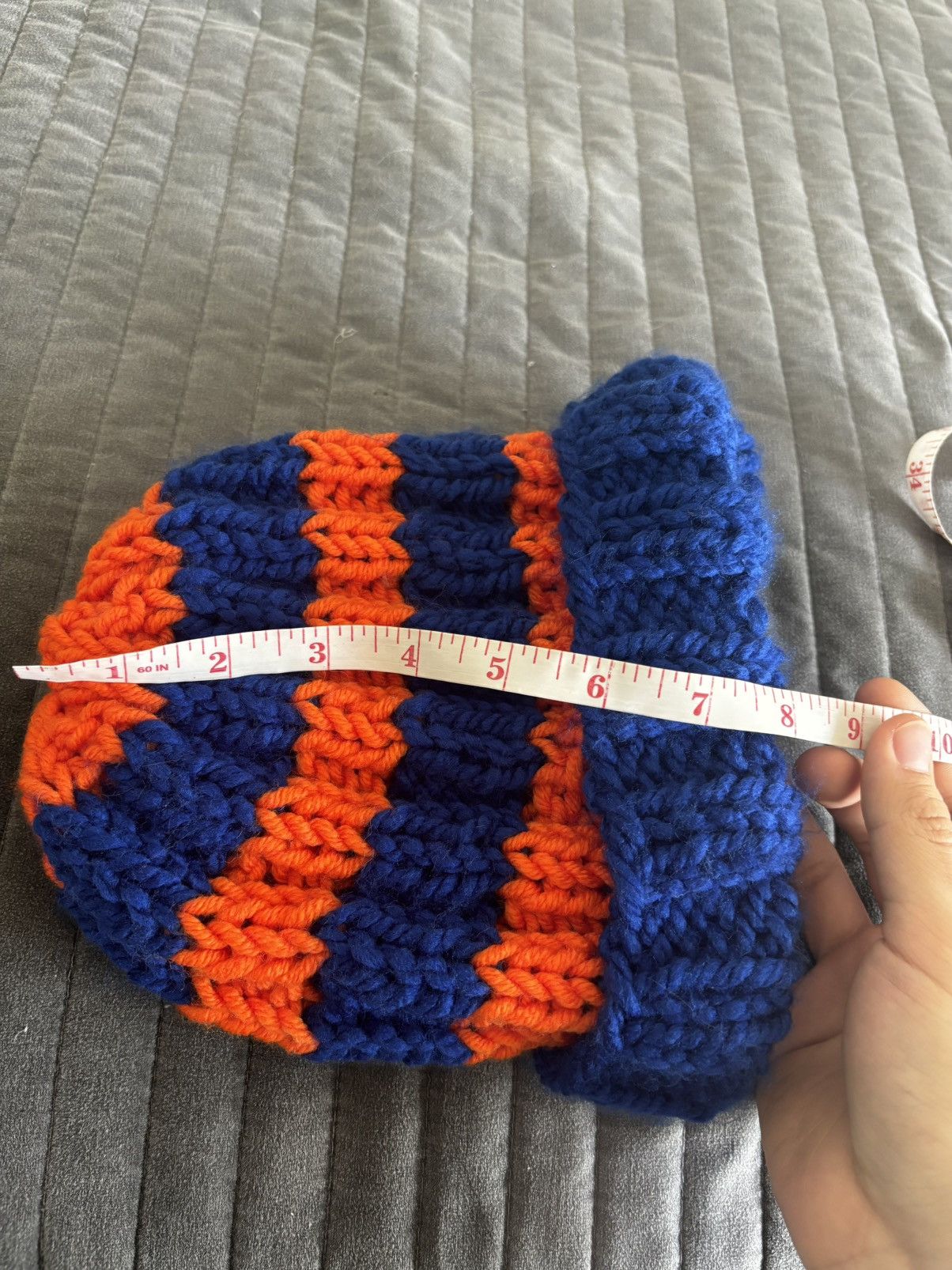 Handmade Orange and Blue Handknit beanie Size ONE SIZE - 3 Thumbnail