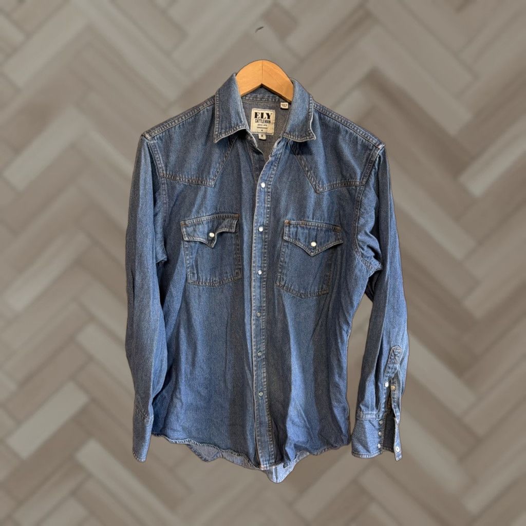 Vintage Ely Cattleman Mens Blue Denim Pearl Snap Western Shirt M Rockabilly Cowboy Casual Shirt Size US M / EU 48-50 / 2 - 1 Thumbnail