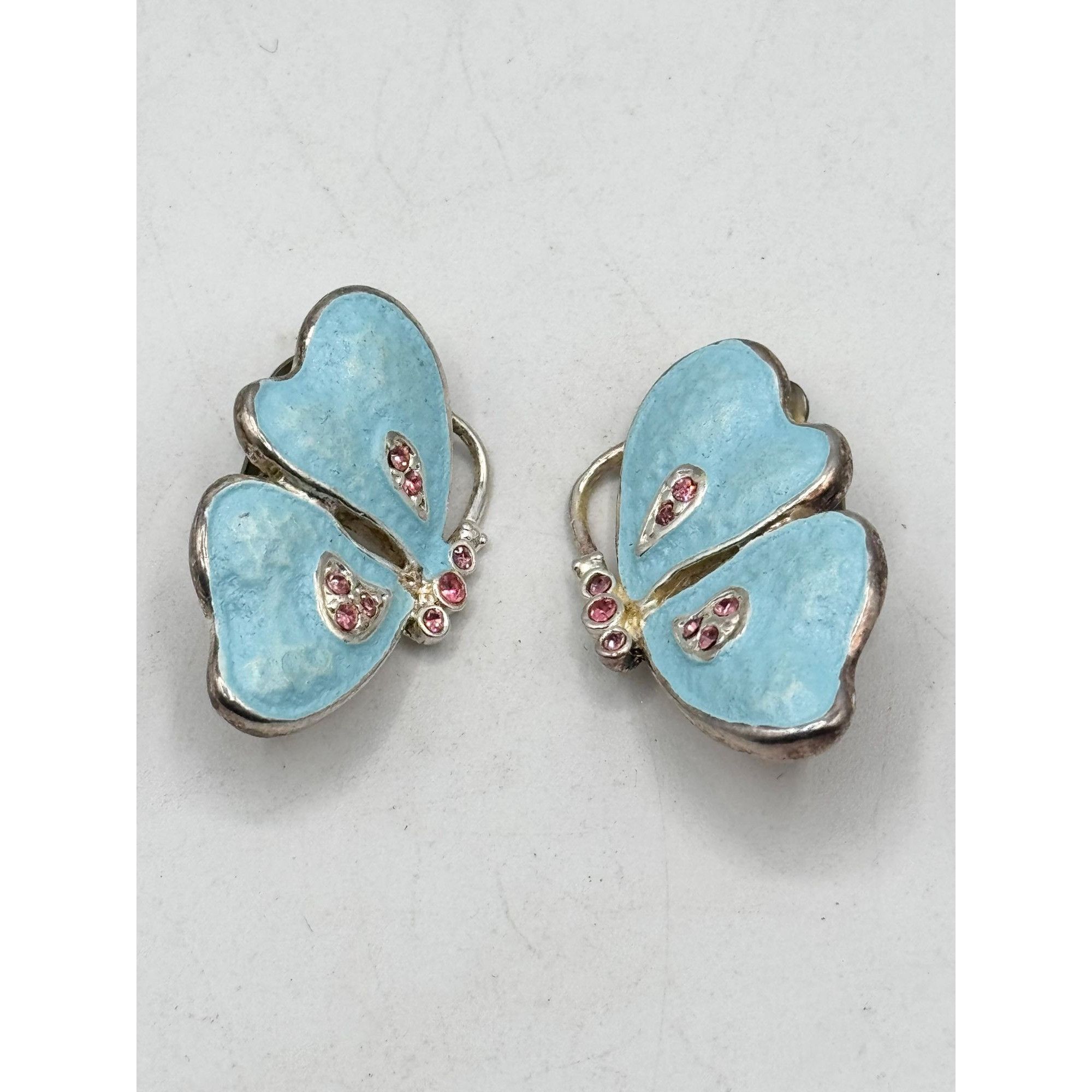 Vintage Blue enamel pink rhinestone butterfly clip on earrings Size ONE SIZE - 3 Thumbnail