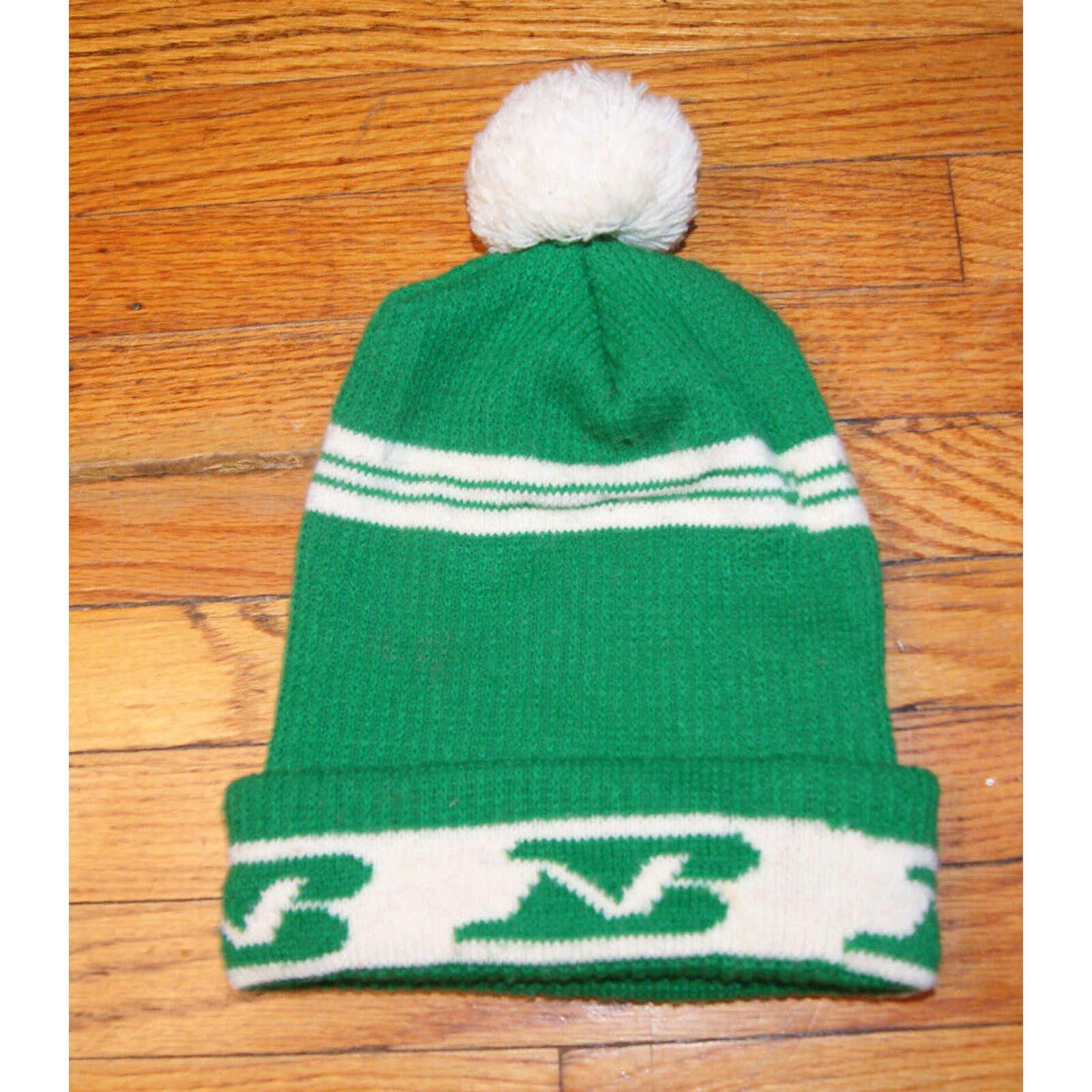 Other VTG Green White Winter Knit Ski Cap Hat Pom Cuff Beanie Size ONE SIZE - 1 Thumbnail