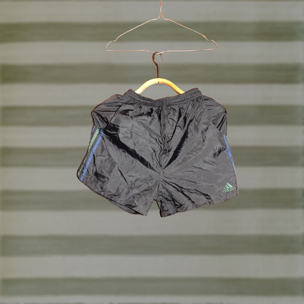 Adidas VINTAGE Adidas black+green/blue stripes Nylon Running shorts S Mens 1990s Size US 29 - 1 Thumbnail