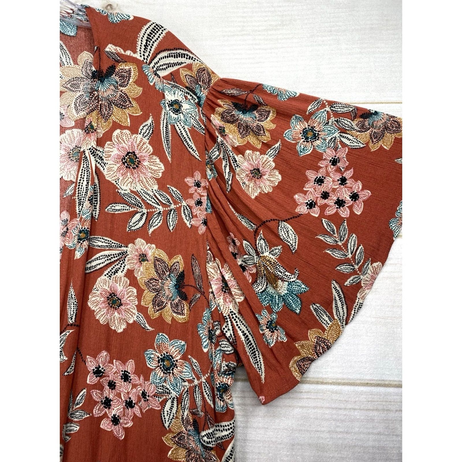 Vintage Maurices Open Front Cardigan 2X Rust Red Floral Hippie Duster Boho Swim Cover Shirt Womens Vintage? Size XXL / US 16-18 / IT 52-54 - 2 Thumbnail