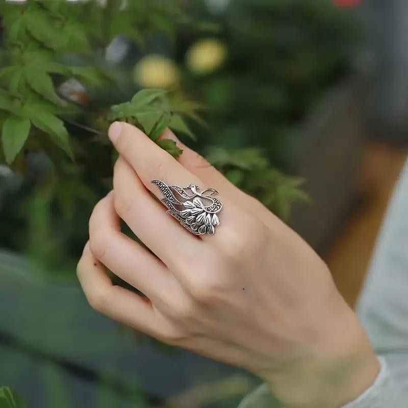 Designer Retro Peacock Animal Feather Antique Silver Ring - Size 6 Size ONE SIZE - 7 Thumbnail