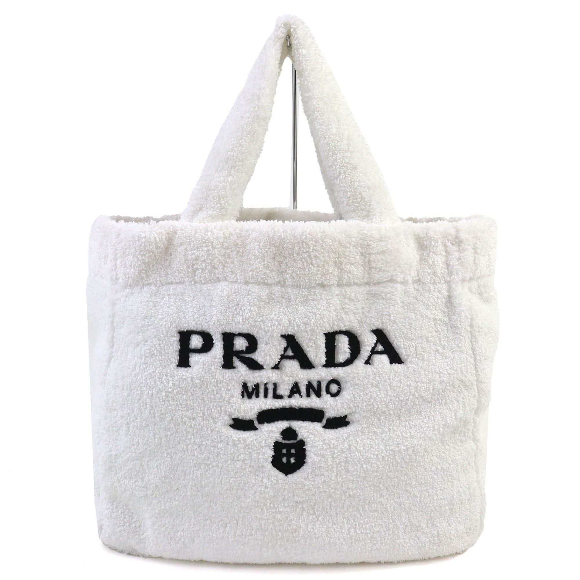 Prada PRADA SPUGNA 1BG130 Polyester and Cowhide Leather Triangle Logo Soft Terry Lettering Pile Tote Bag in White Black, Includes Dust Bag, Women's Size ONE SIZE - 1 Thumbnail