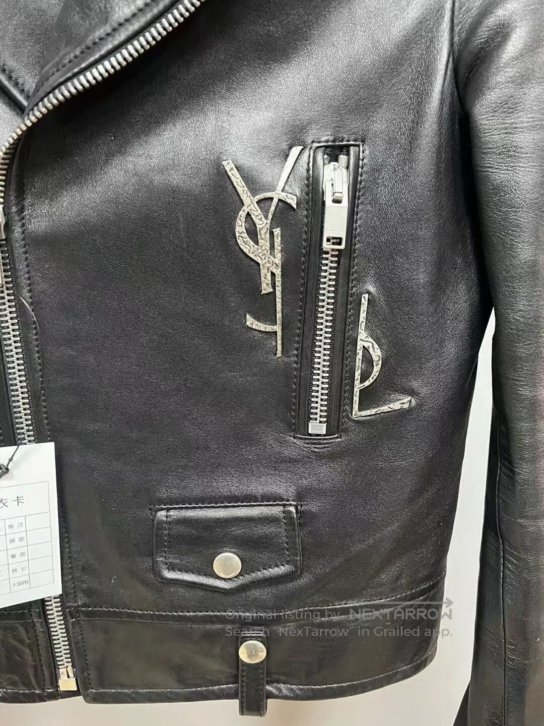 Yves Saint Laurent black leather jacket with logo. Size L / US 10 / IT 46 - 3 Thumbnail