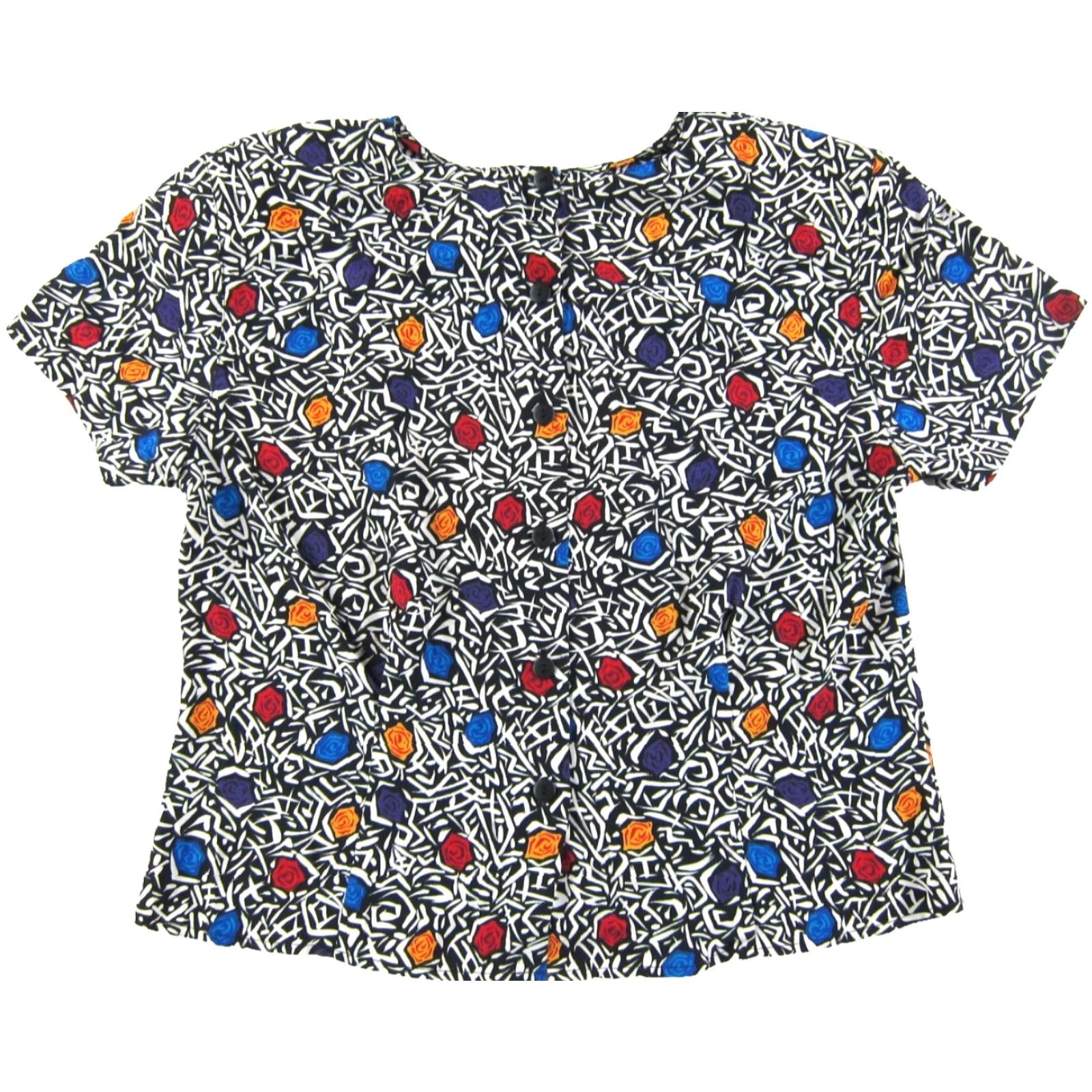 Vintage VINTAGE J. Ferrar Blouse Shirt 12 Black White Floral Rose Abstract Short Sleeve Womens Size XL / US 12-14 / IT 48-50 - 2 Thumbnail
