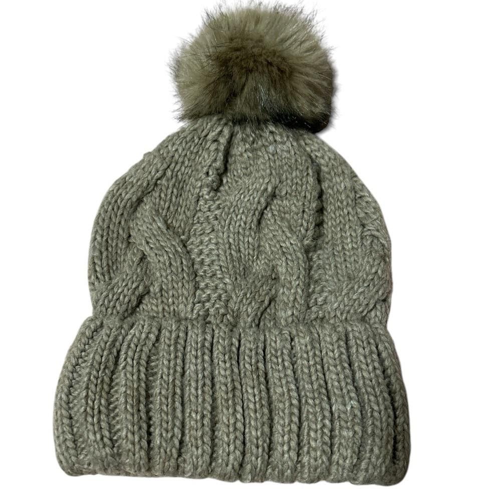 H&M H&M Grey Knitted Cable Pom-Pom Beanie Size ONE SIZE - 1 Thumbnail