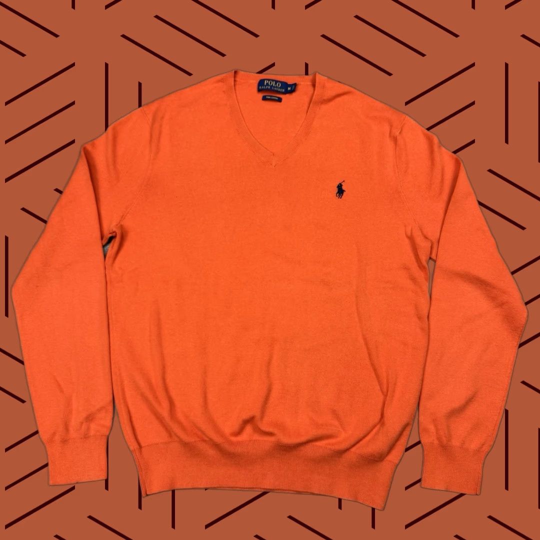 Ralph Lauren VINTAGE Ralph Lauren Men’s Polo V-Neck Sweater 100% Cotton Pullover Fall Winter Preppy Medium Orange Size US M / EU 48-50 / 2 - 1 Thumbnail