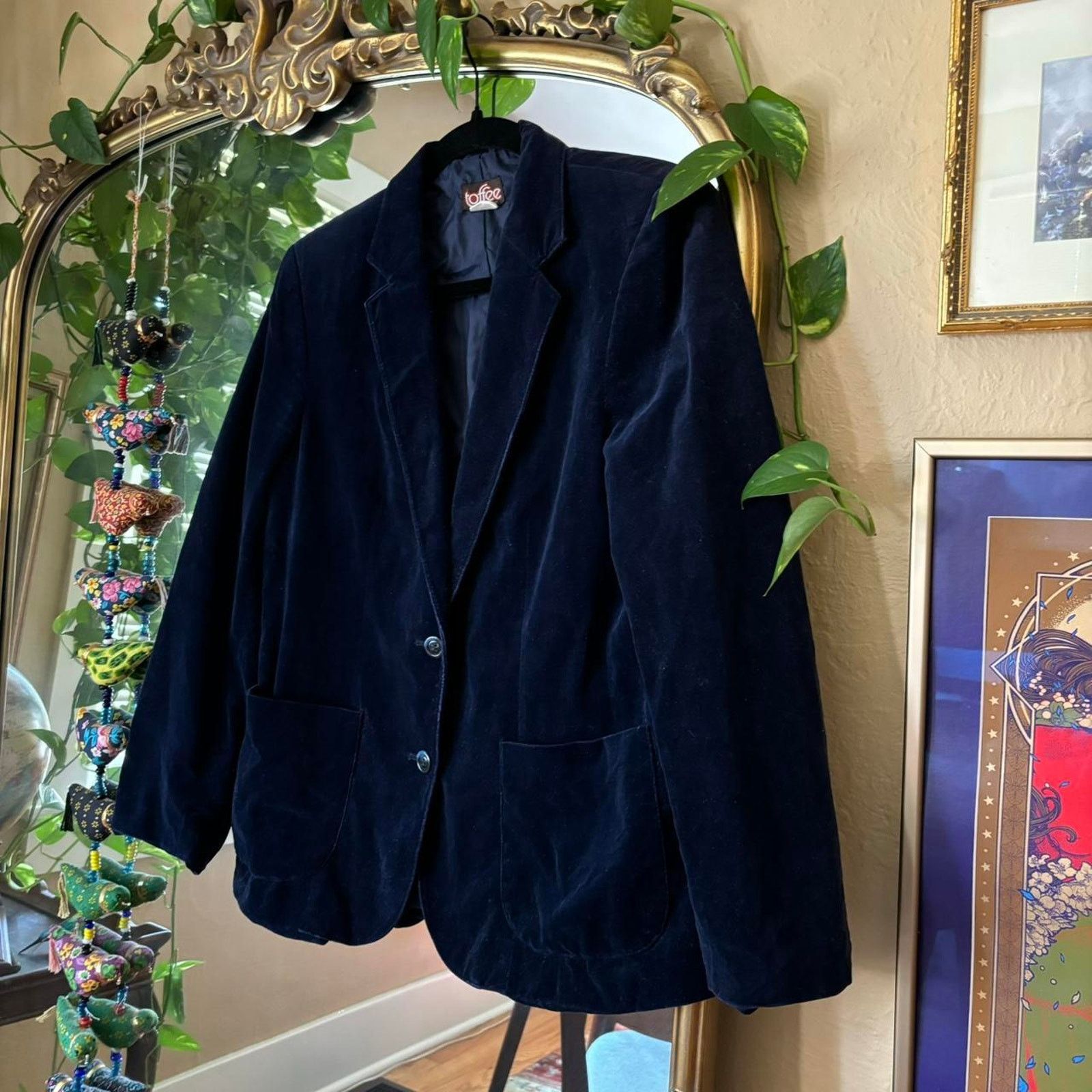 Vintage Vintage 1990s Toffee Blue Velvet Blazer 14 Retro Preppy Chic Size XL / US 12-14 / IT 48-50 - 2 Thumbnail