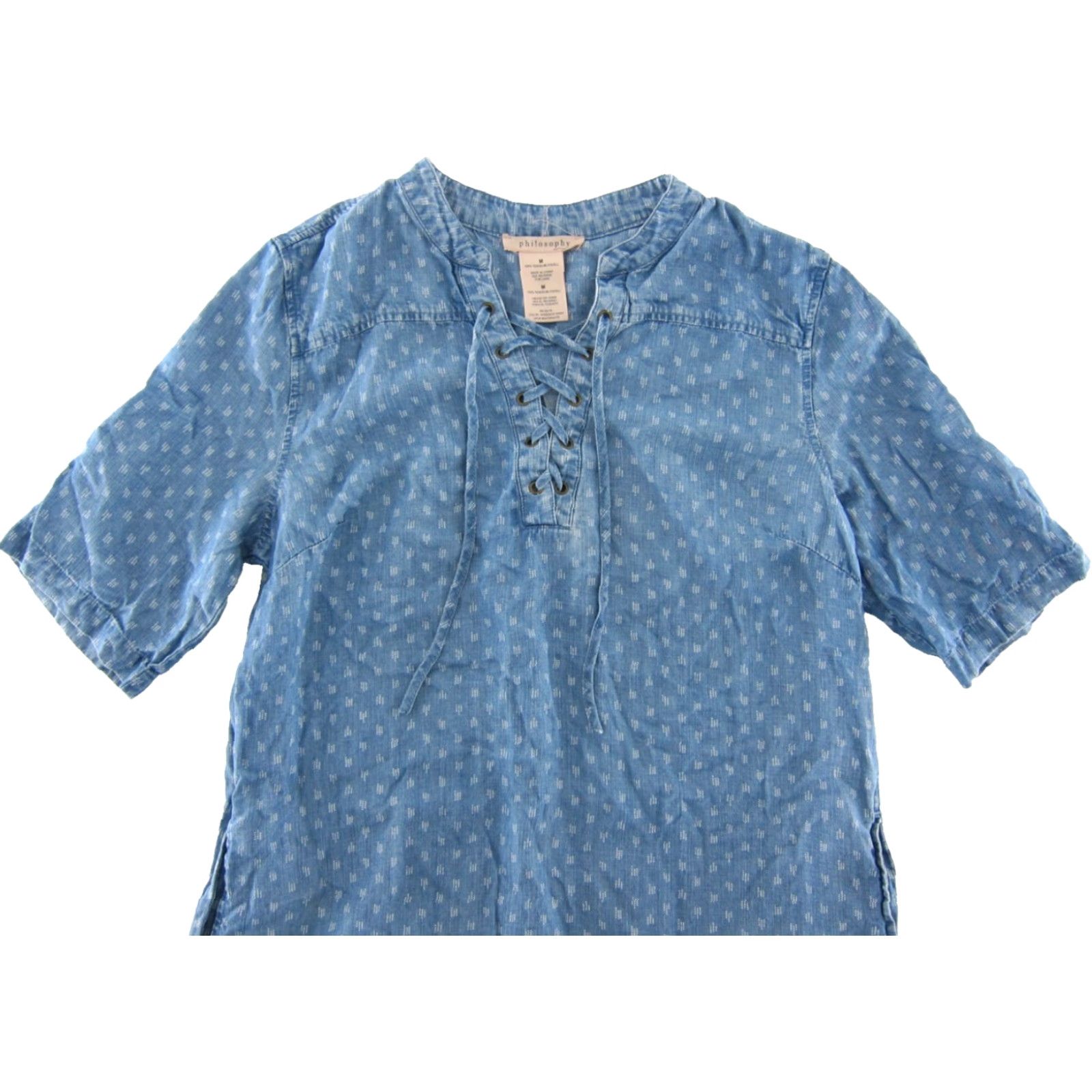 Vintage Philosophy Shirt Dress M Women's 100% Tencel Blue White Denim Pocket Short Sleeve Tunic Shirt Dress M Boho 80s 90s Hippie Boho Pockets Womens Size M / US 6-8 / IT 42-44 - 4 Thumbnail