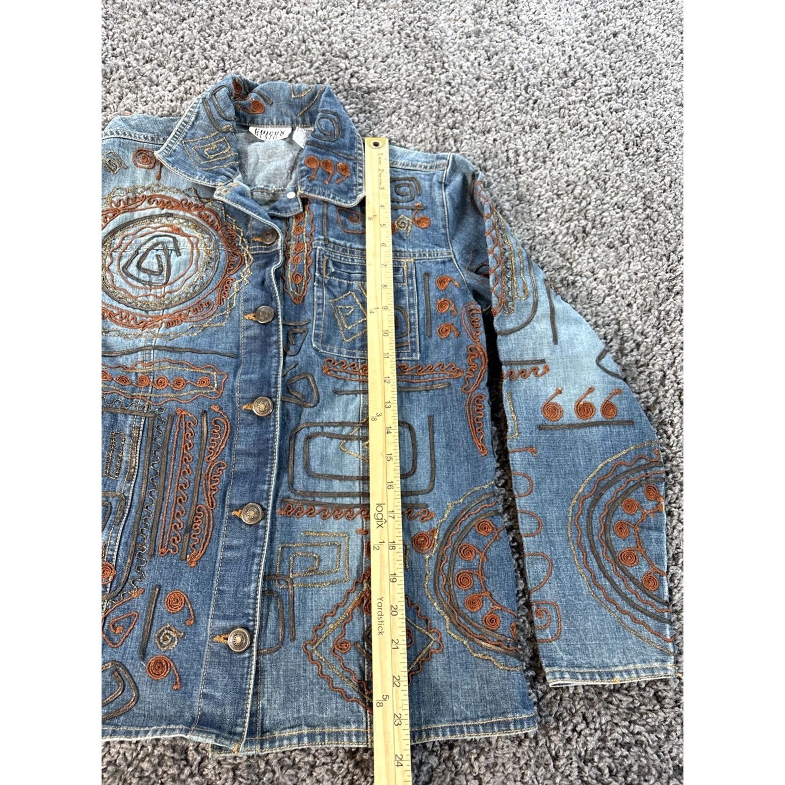 Vintage VINTAGE Chico's Denim Jacket Womens L Leather Trim All Over Hysteric Design Blue Cotton Denim Jacket Womens L Blue Leather Trim 90s Designer Mens? Size L / US 10 / IT 46 - 2 Thumbnail