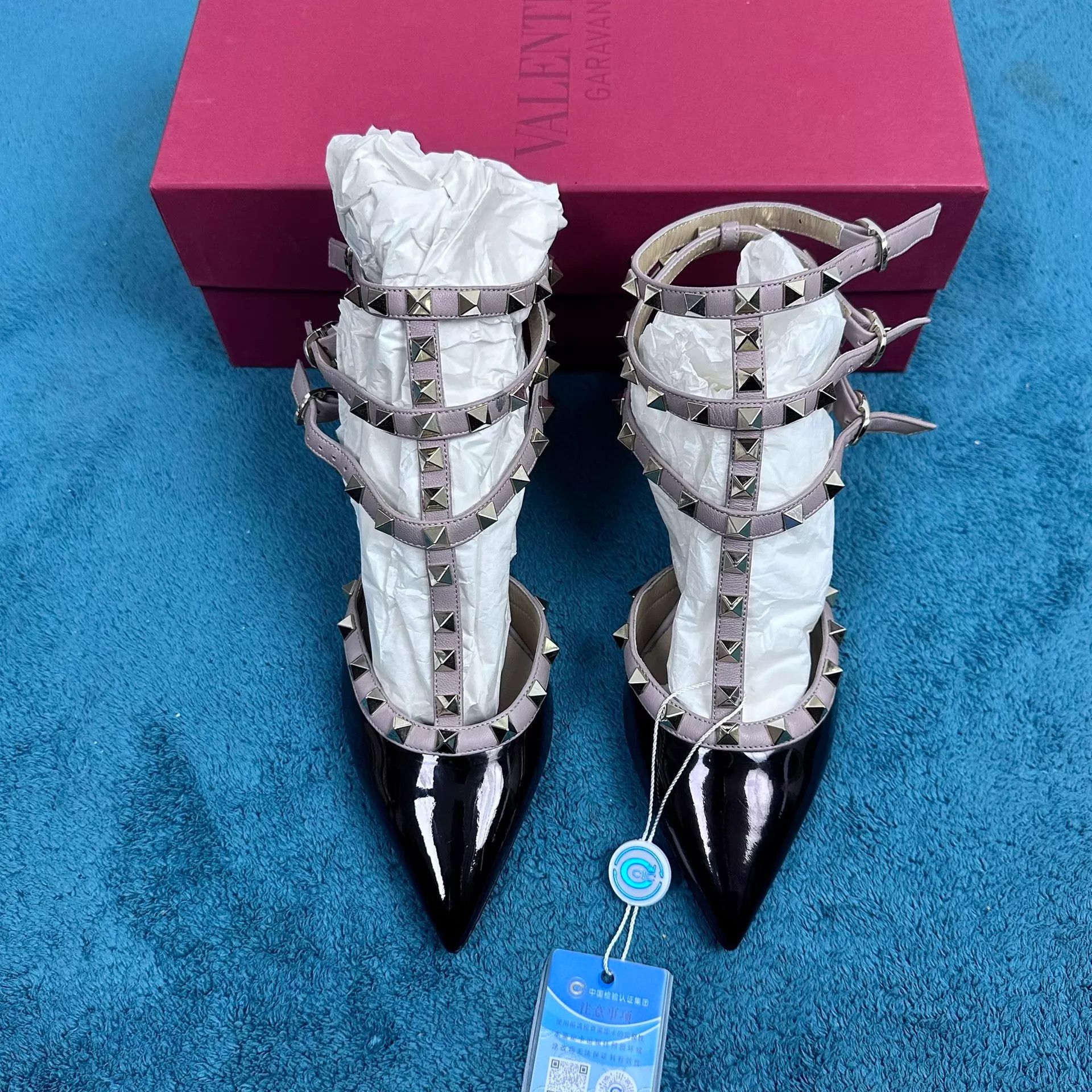 Valentino Valentino Rockstud Patent Pointed Triple Stud Heels 37.5 Size US 7 / IT 37 - 1 Thumbnail