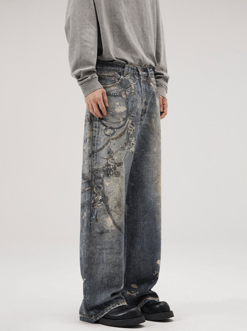 Japanese Brand × Jean Blue washed distressed ink-splatter tie-dye straight jeans Size US 32 / EU 48 - 3 Thumbnail