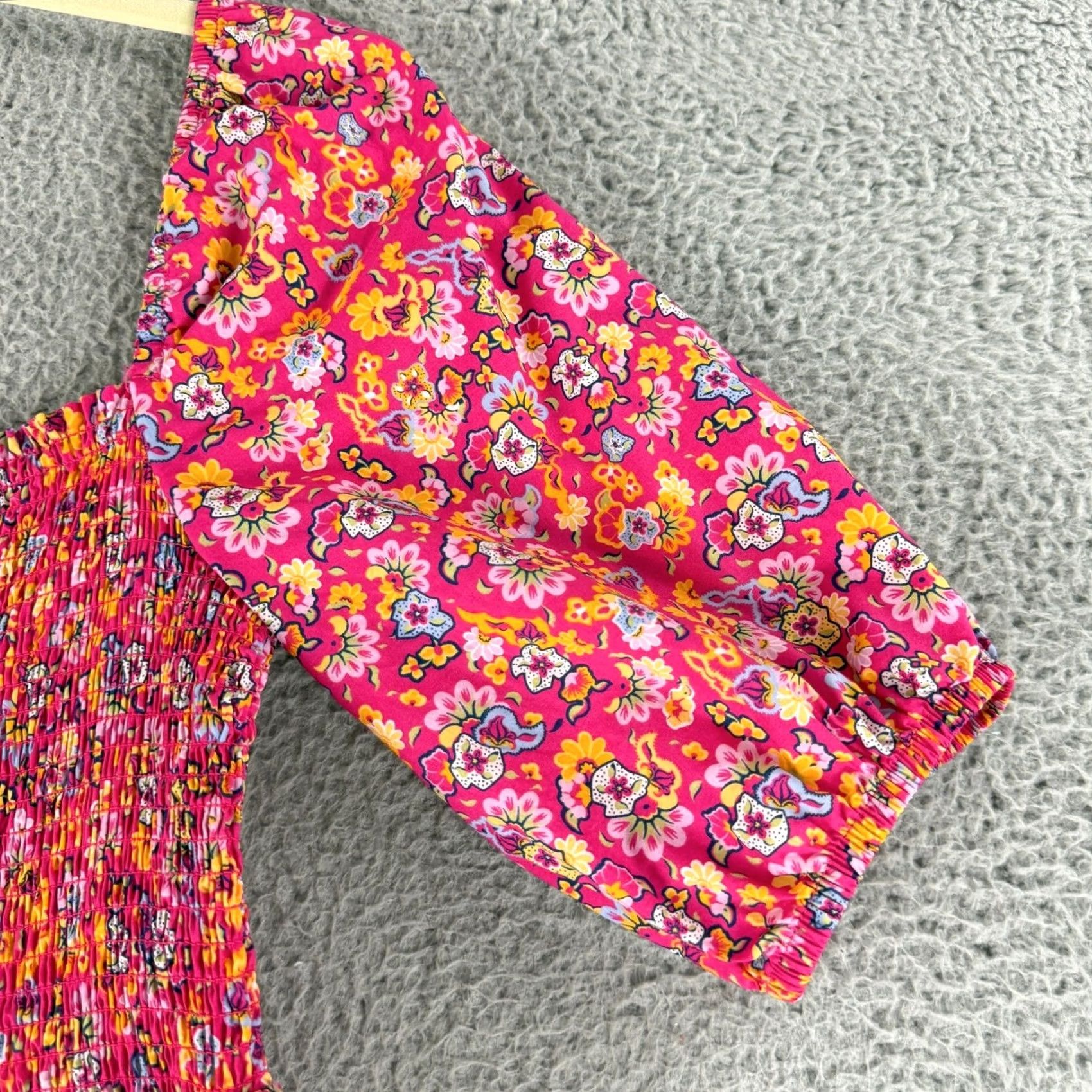 Vintage House of Harlow 1960 Dress Womens Medium Pink Floral Smocked Puff Sleeve Midi Shirt? Size M / US 6-8 / IT 42-44 - 4 Thumbnail