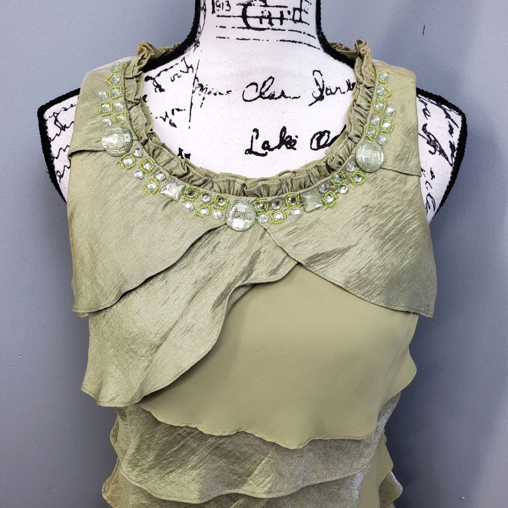 Vintage S.L. Fashions Tiered Dress Womens 14 Green Ruffle Embellished Jewel Neck Detail Dress Size XL / US 12-14 / IT 48-50 - 3 Thumbnail