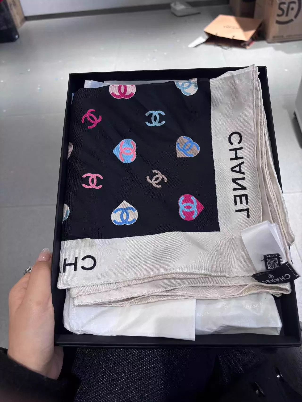 Chanel Chanel Panda B&W Heart CC All Logo Silk Scarf Size ONE SIZE - 1 Thumbnail