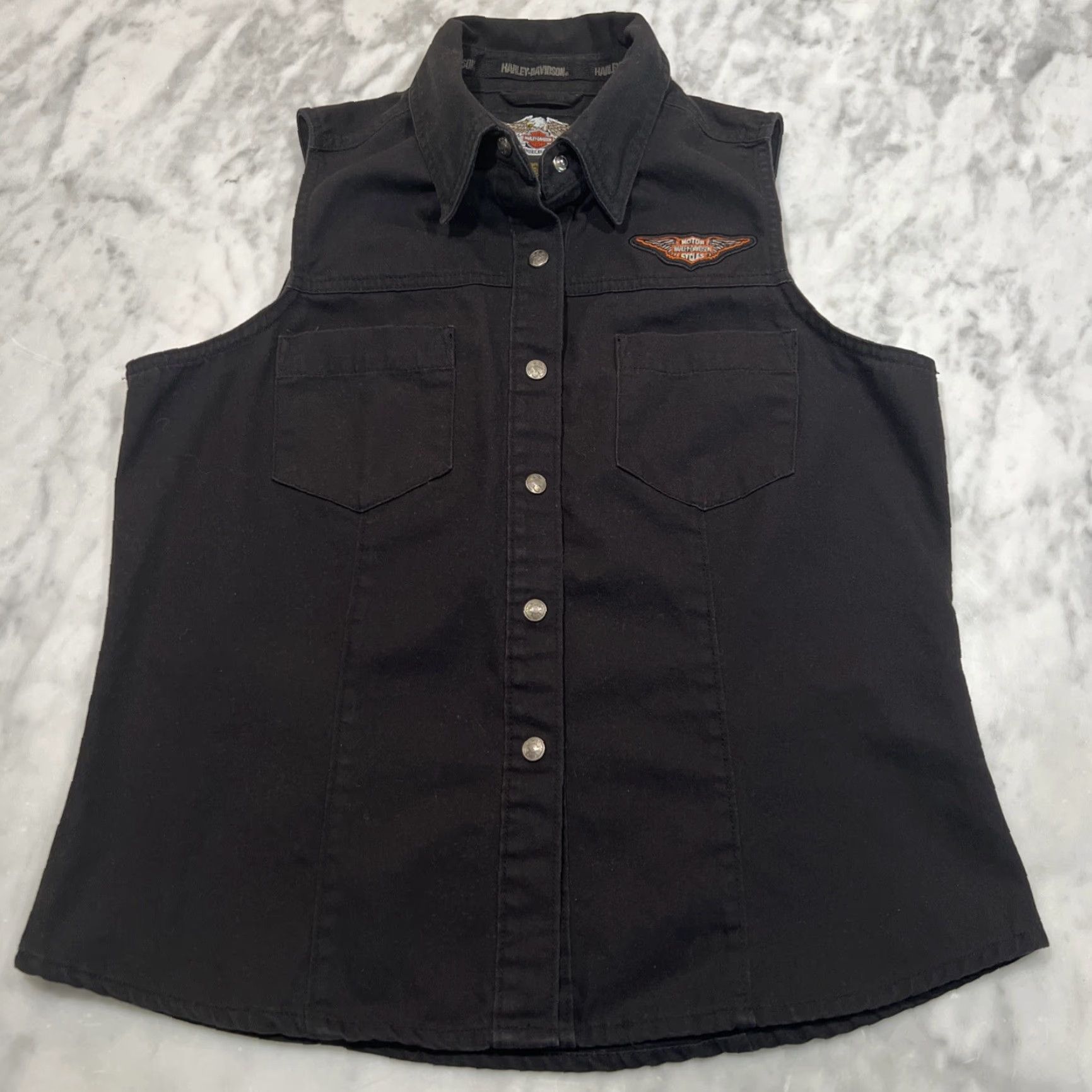 Harley Davidson VINTAGE Harley-Davidson Shirt Womens Medium Sleeveless Black Snap Logo Patch Vest Biker USA Pockets Size M / US 6-8 / IT 42-44 - 2 Thumbnail