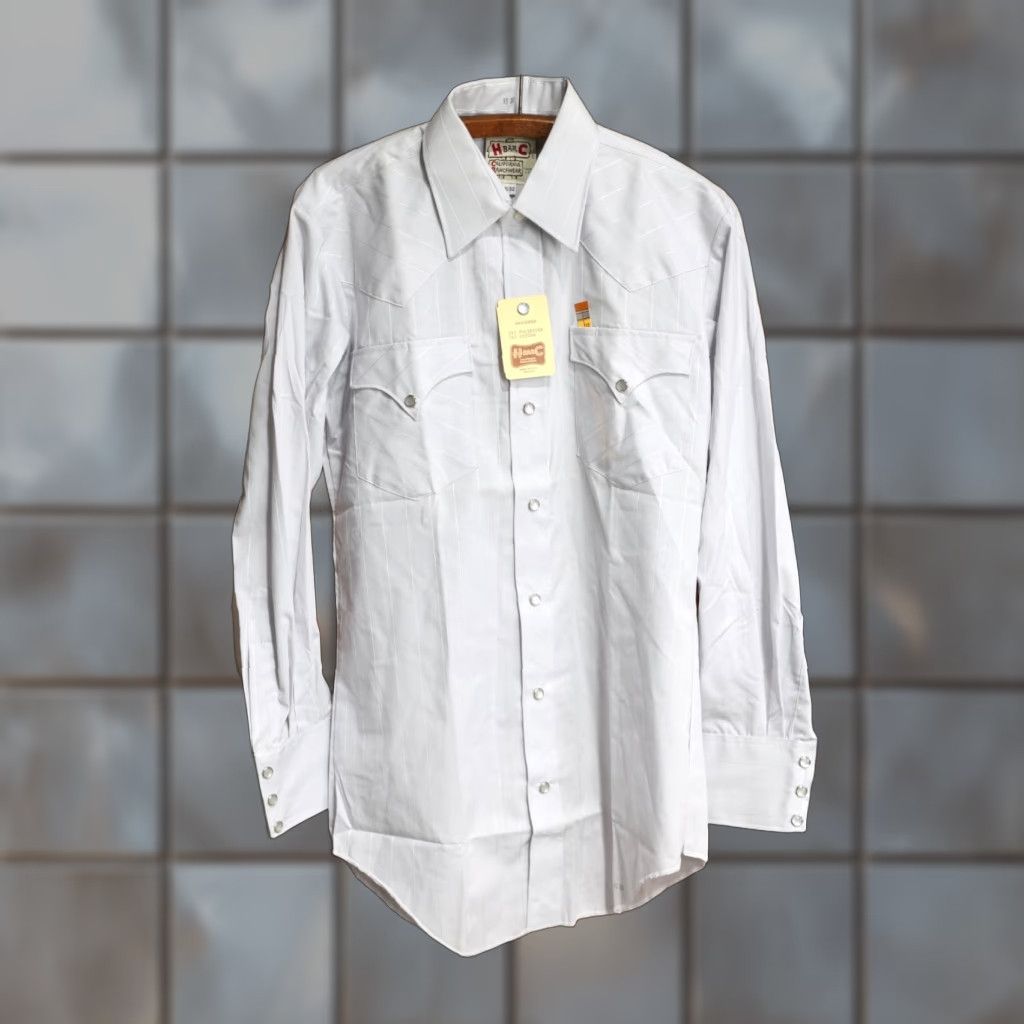 VINTAGE H Bar C Ranchwear Shirt Mens Large Western Pearl Snap Gray Striped 80s Button-Up Pocketed