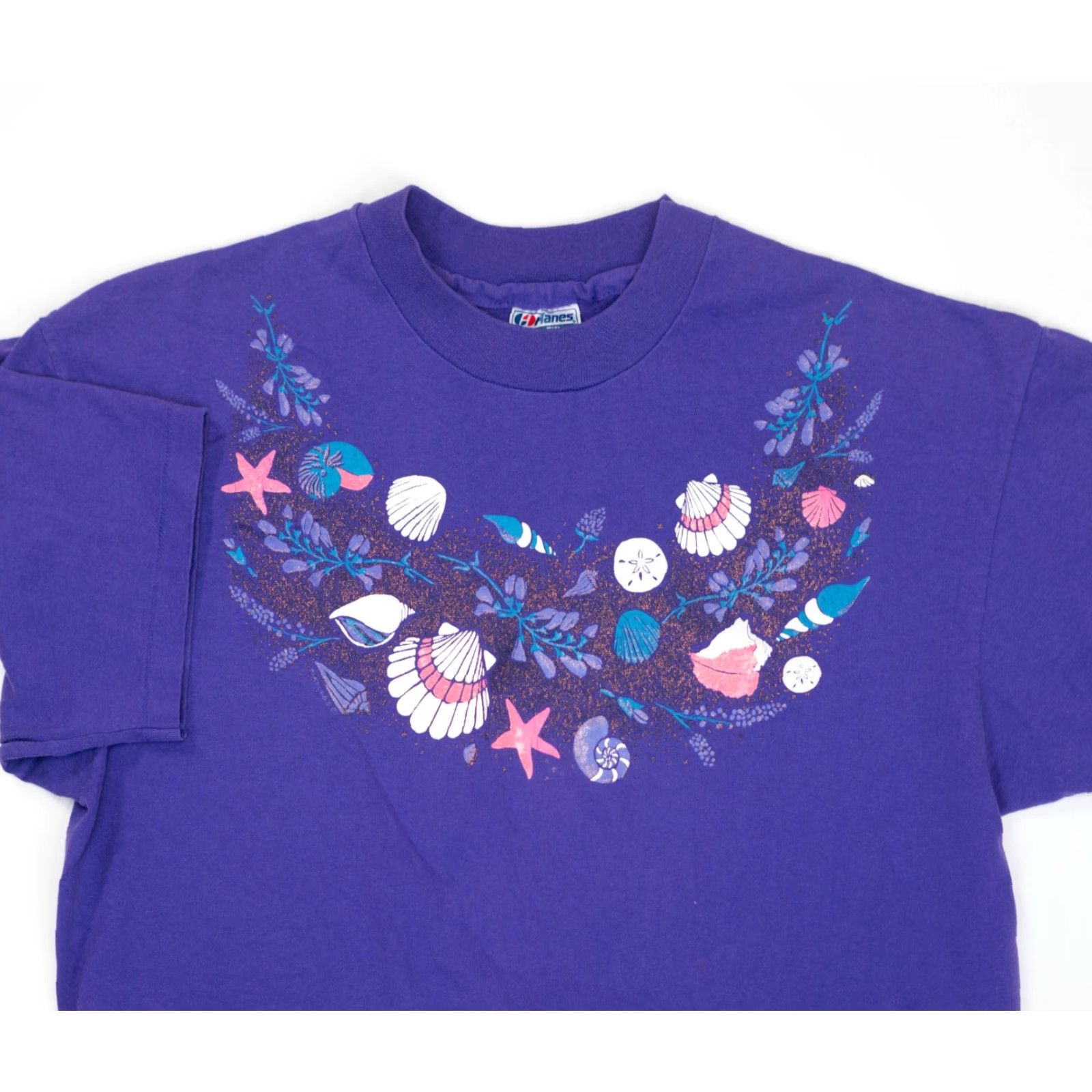 Hanes VINTAGE Hanes Ocean T-Shirt Womens XL Purple 80s 90s Nautical Ocean Seashells Starfish Glitter Cotton Polyester Knit Crew Neck Short Sleeve Size XL / US 12-14 / IT 48-50 - 3 Thumbnail