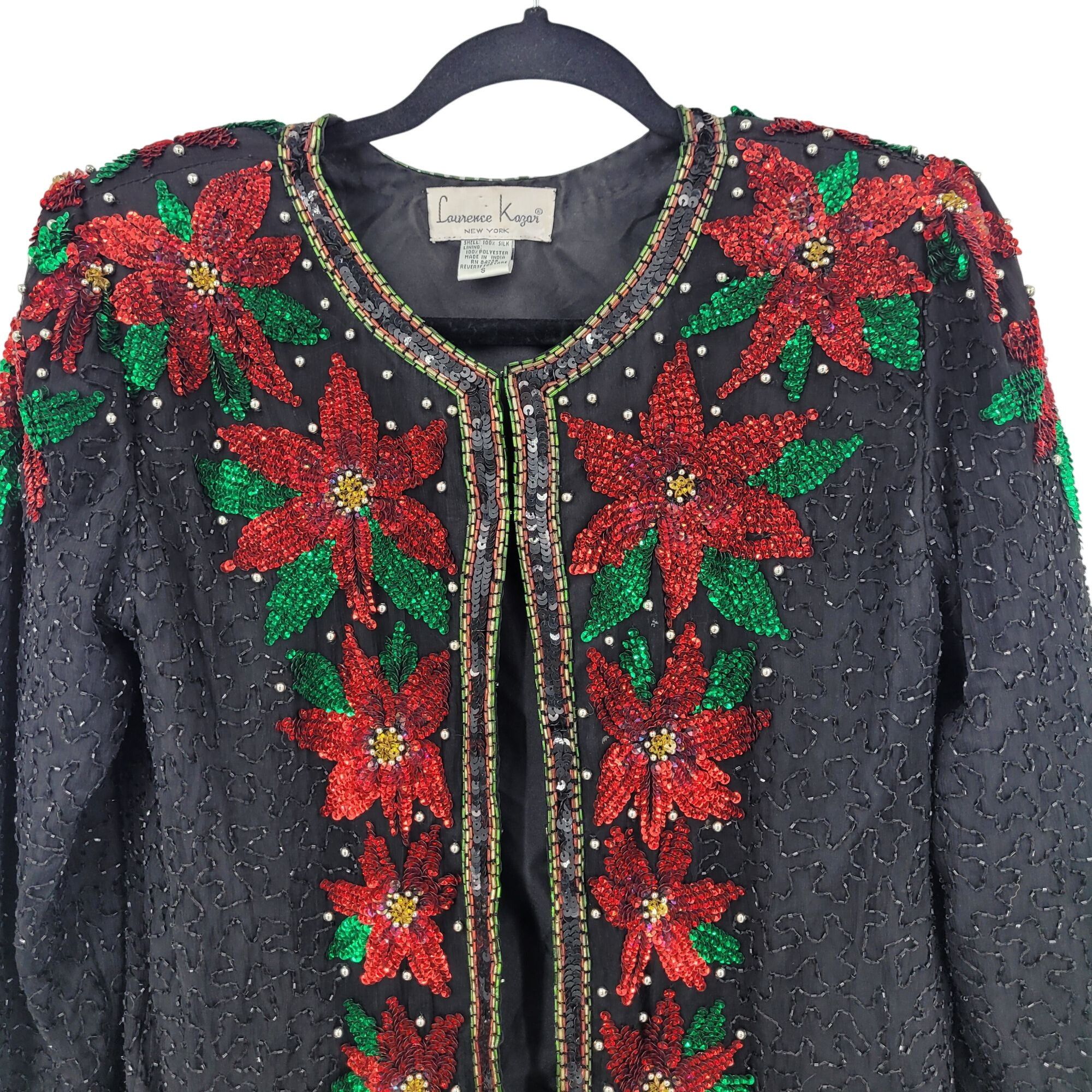 Vintage Vtg 80s Black Silk Red Poinsettia Beaded Jacket Cardigan Sz Size S / US 4 / IT 40 - 4 Thumbnail