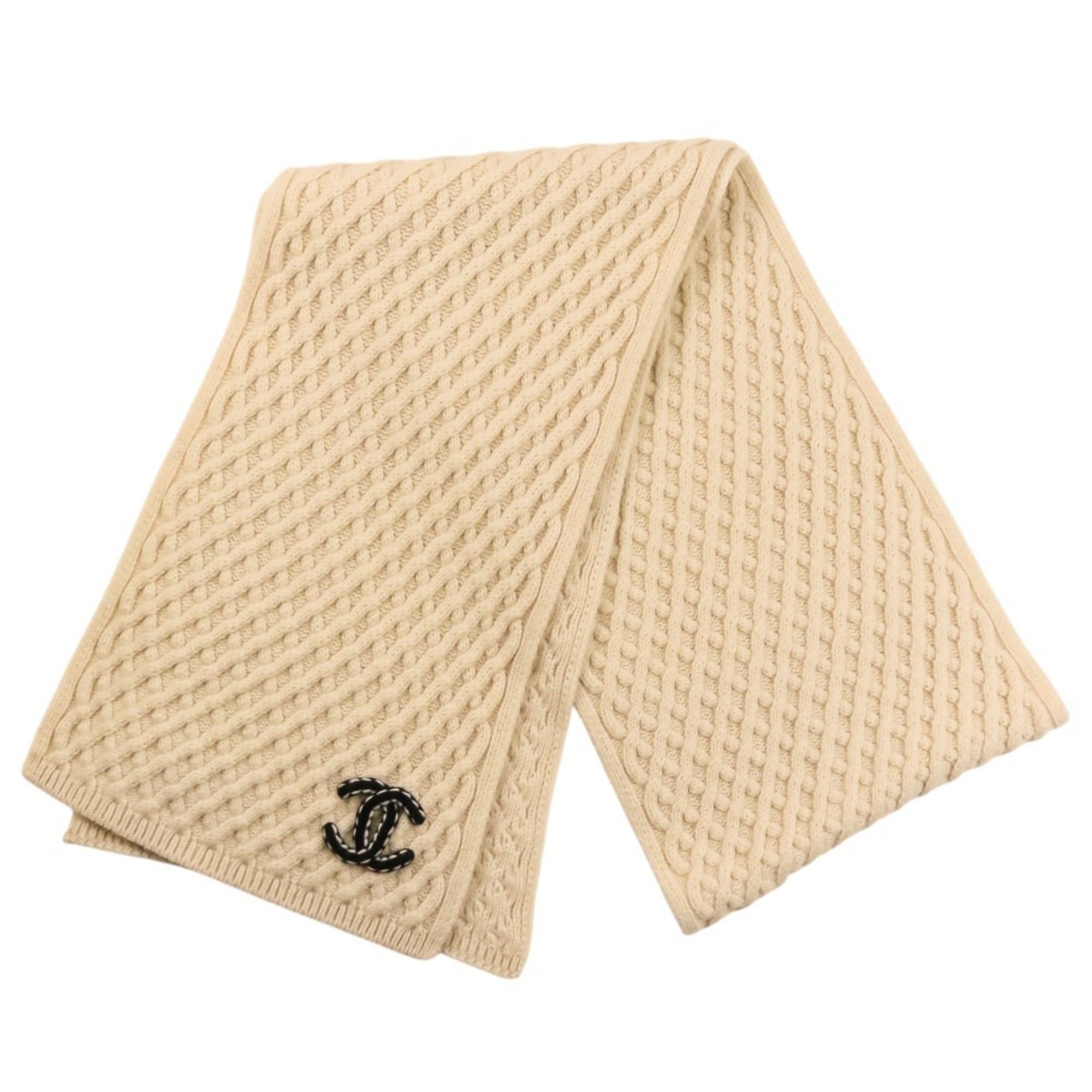 Chanel CHANEL Coco Mark Cashmere Cable Knit Scarf, Beige, Women's Size ONE SIZE - 1 Thumbnail