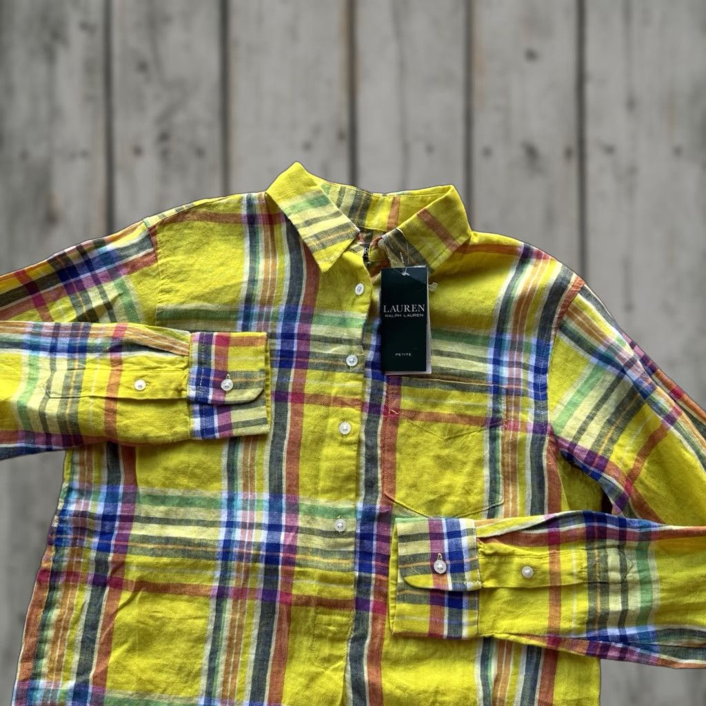 Lauren Ralph Lauren Women's XS Yellow Linen Plaid Button-Up Shirt Long Sleeve Classic Preppy