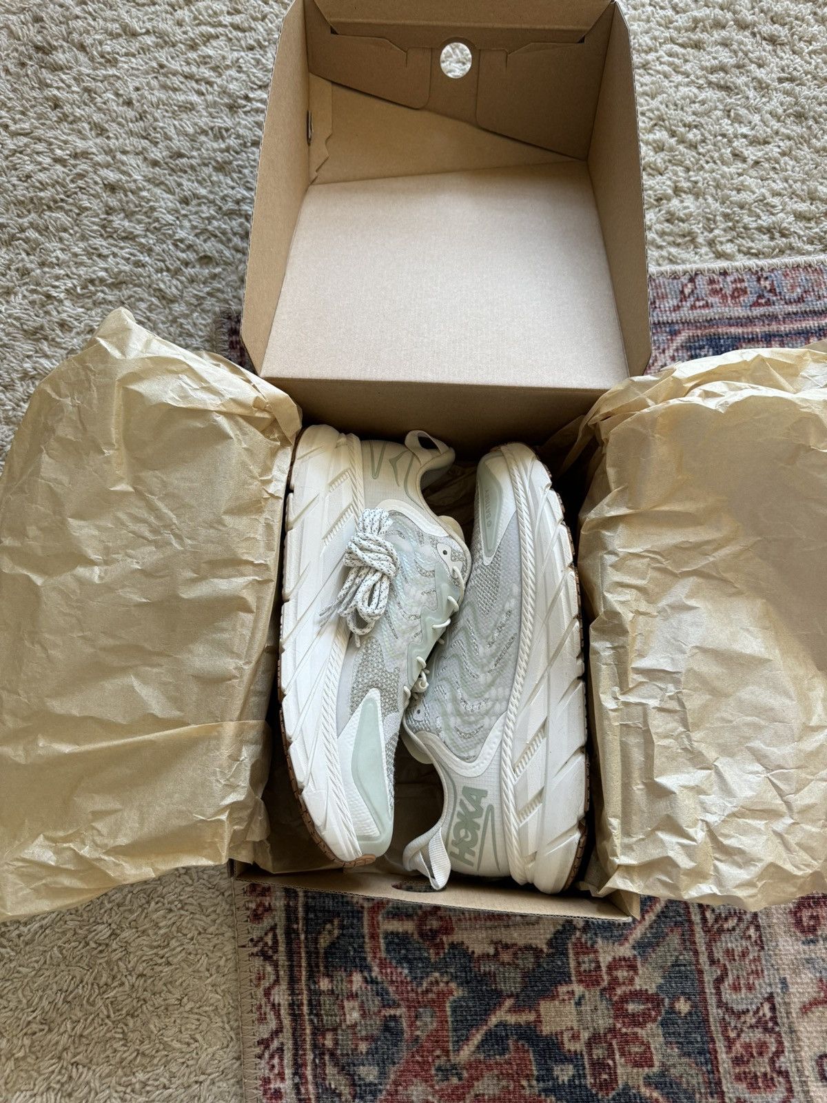 image of Hoka x Satisfy Clifton Shoes in Beige, Men's (Size 9)